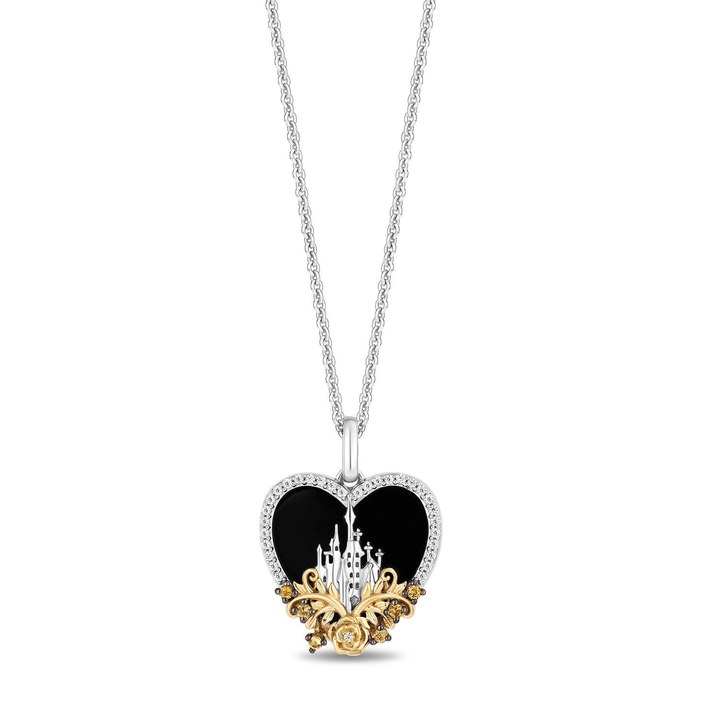 Enchanted Disney Fine Jewelry 14K Yellow Gold Over Sterling Silver with 1/10 CTTW Diamonds, Special Cut Black Onyx and Citrine Belle Necklace