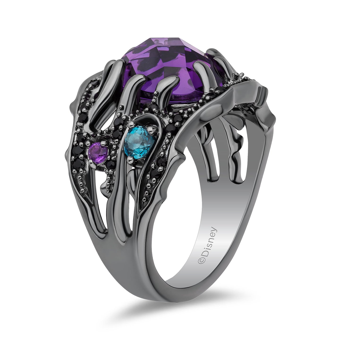 Enchanted Disney Fine Jewelry Black Rhodium over Sterling Silver with London Blue Topaz, Amethyst and Black Onyx Ursula Ring