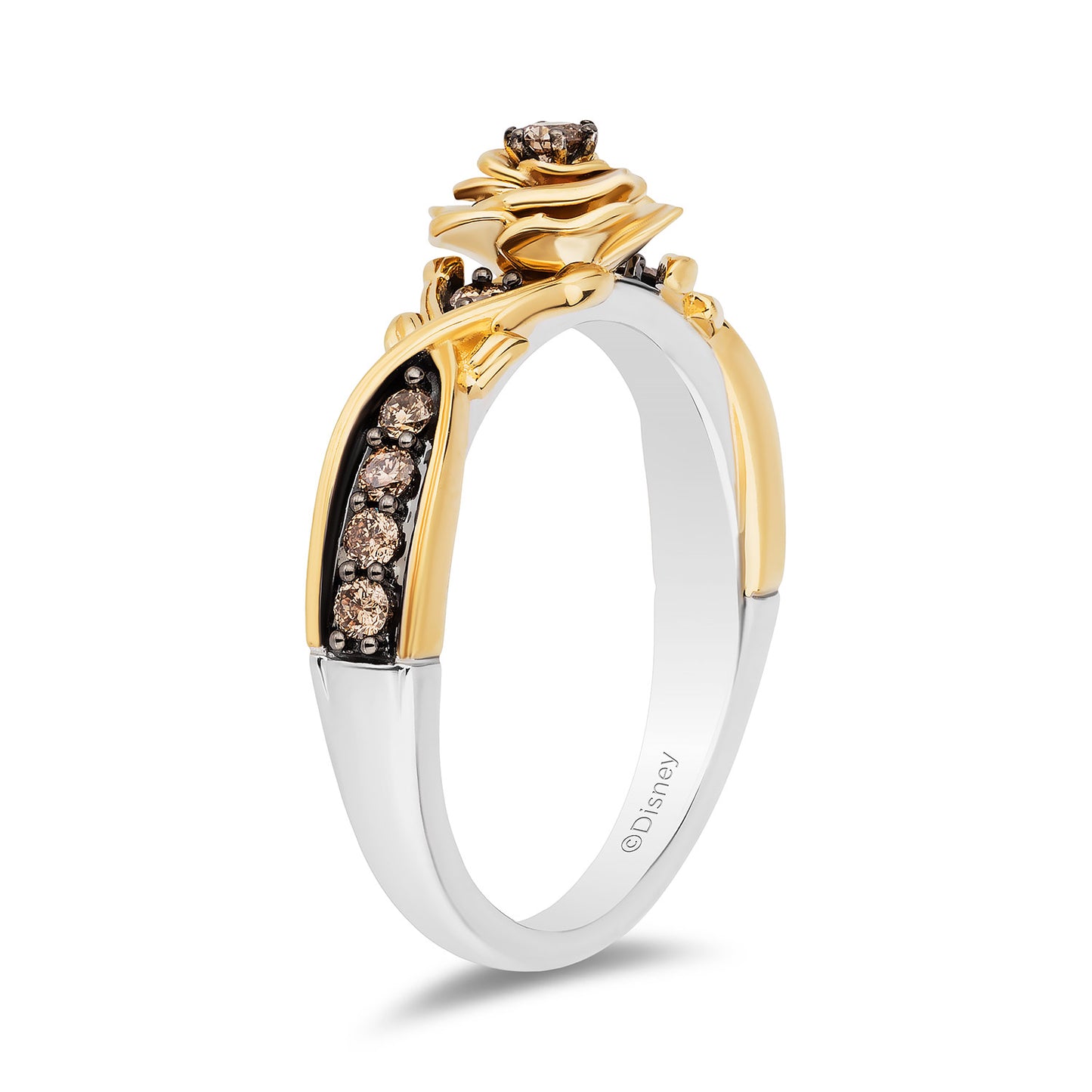 Enchanted Disney Fine Jewelry 14K Yellow Gold and Black Rhodium over Sterling Silver with 1/4 CTTW Champagne Diamonds Belle Ring