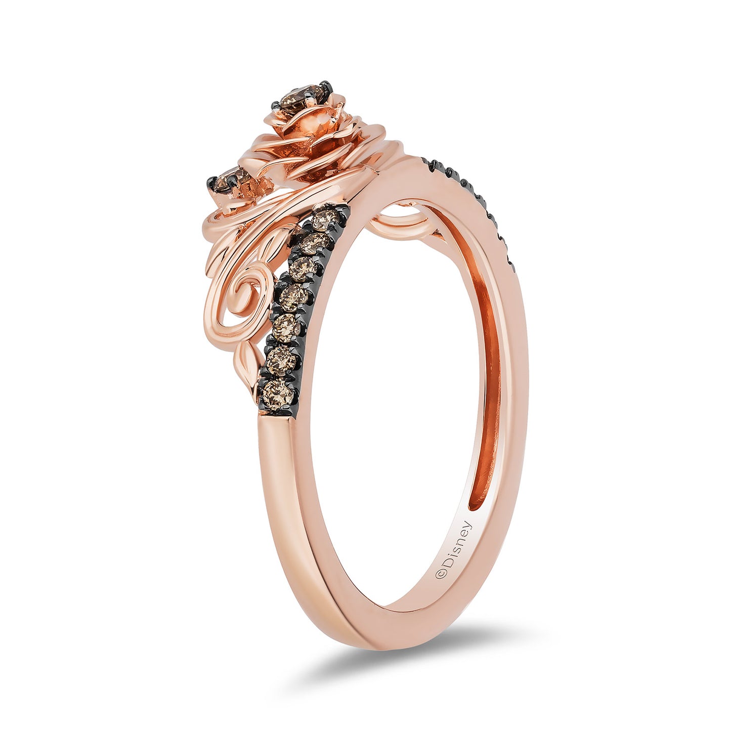Enchanted Disney Fine Jewelry 14K Rose Gold and Black Rhodium over Sterling Silver with 1/6 CTTW Champagne Diamonds Belle Ring