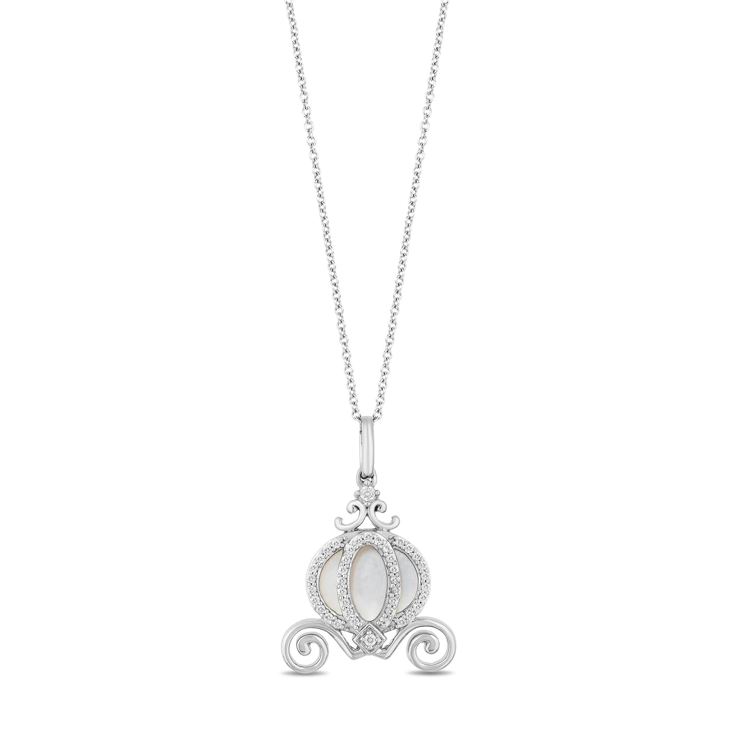 Enchanted Disney Fine Jewelry Sterling Silver with 1/6 CTTW Diamond and Mother of Pearl Cinderella Carriage Pendant Necklace