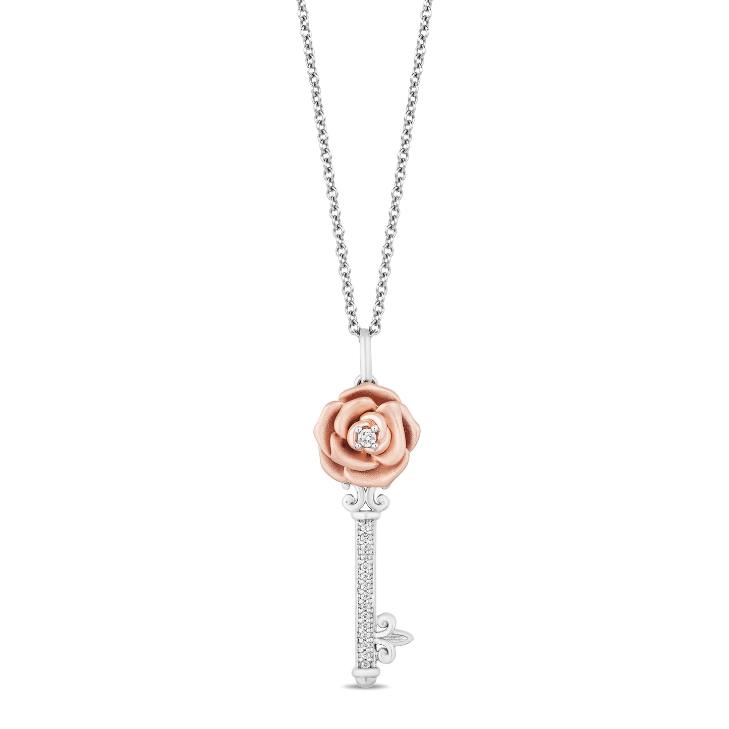 Enchanted Disney Fine Jewelry Sterling Silver and 10K Rose Gold with 1/10 CTTW Diamond Belle Rose Key Pendant Necklace