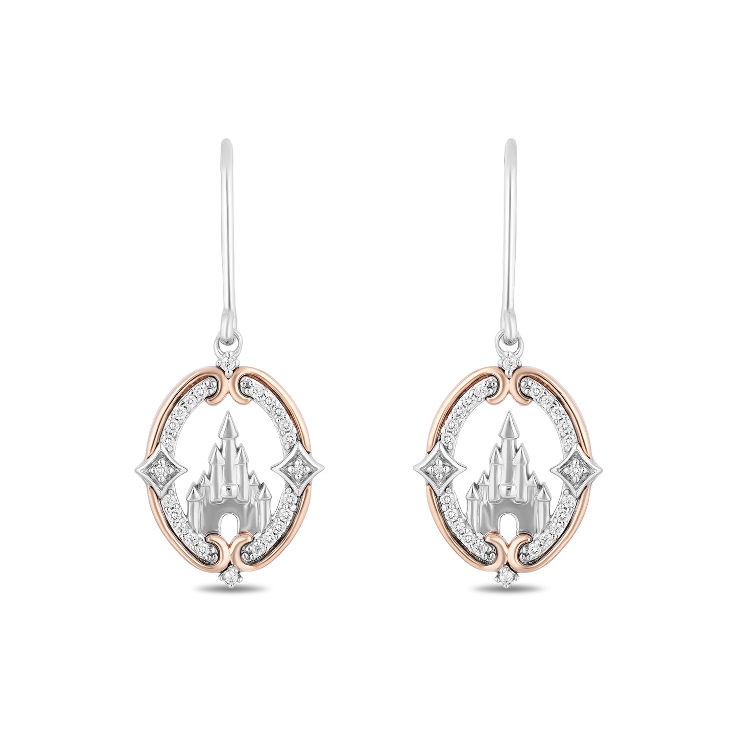Enchanted Disney Fine Jewelry Sterling Silver and 10K Rose Gold with 1/6 CTTW Diamonds Majestic Princess Castle Earrings