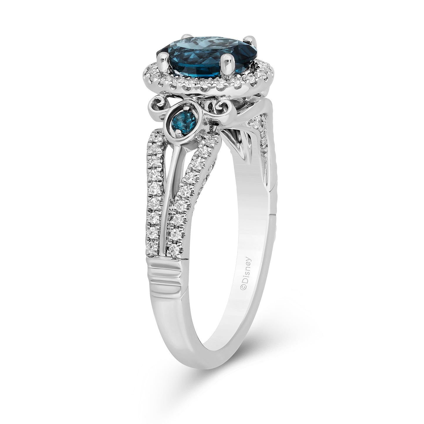 Enchanted Disney Fine Jewelry 14K White Gold with 1/3 CTTW Diamond and London Blue Topaz, Disney's Cinderella Engagement Ring