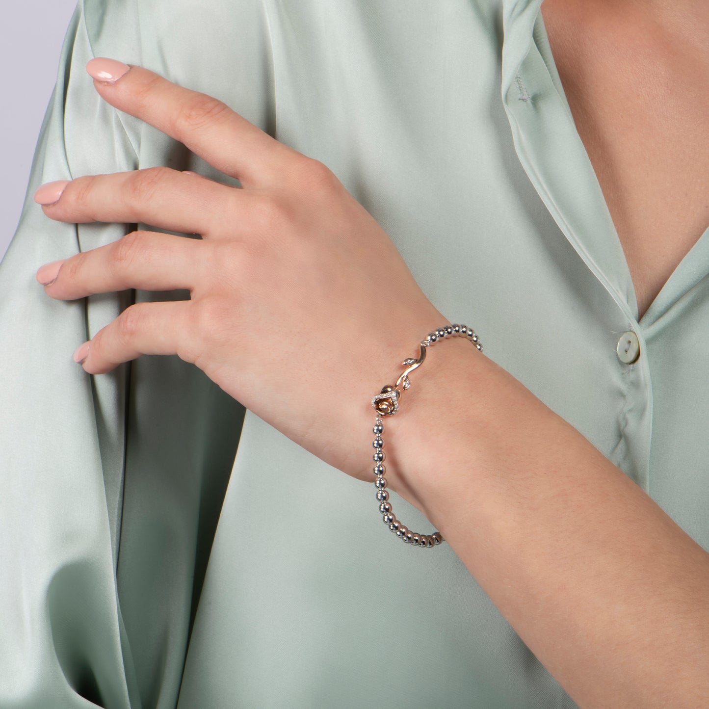 Enchanted Disney Fine Jewelry 10K Rose Gold and Sterling Silver Chain with 1/20 CTTW Belle Rose Bracelet