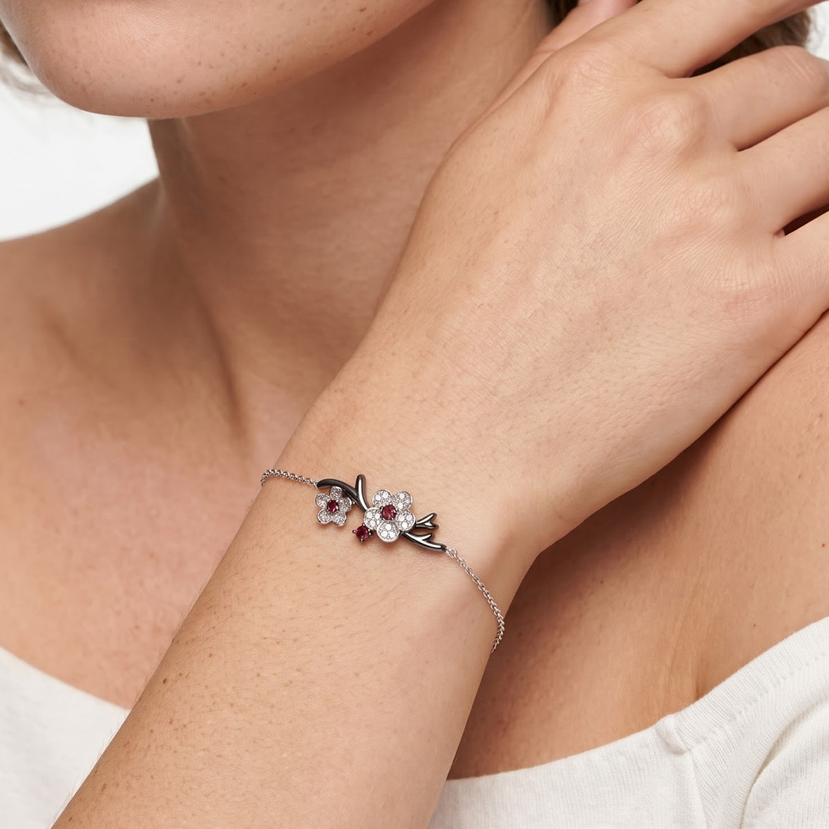 Enchanted Disney Fine Jewelry Black Rhodium over Sterling Silver with 1/7 CTTW Diamond and Red Garnet Mulan Bracelet