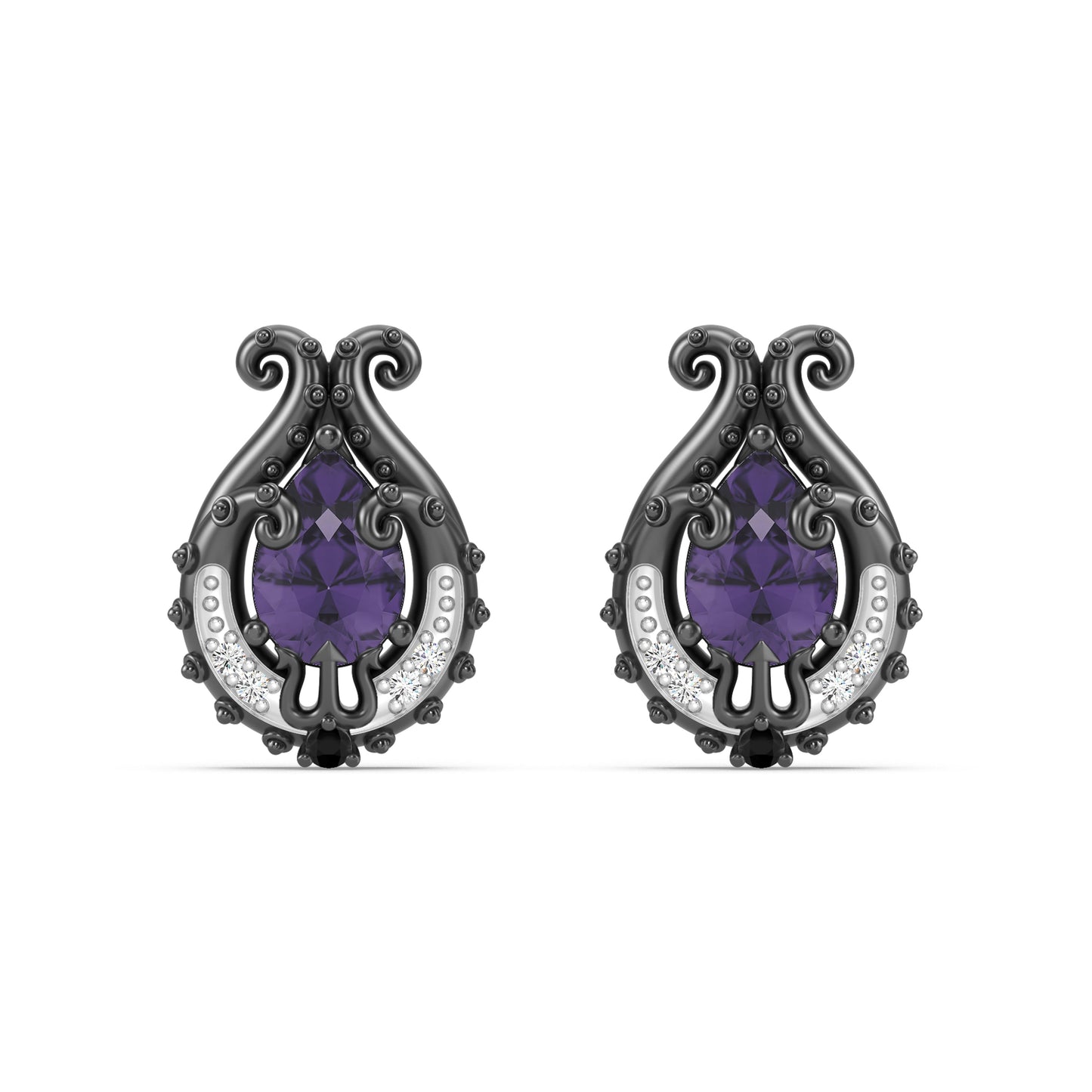 Enchanted Disney Fine Jewelry Black Rhodium over Sterling Silver with 1/20 CTTW Black Diamonds and Pear-shaped Amethyst Ursula Earrings