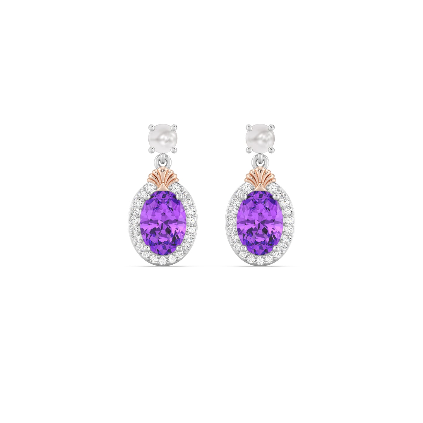 Enchanted Disney Fine Jewelry 14K Rose Gold over Sterling Silver with 1/8 CTTW Diamonds Amethyst and White Pearl Ariel Earrings