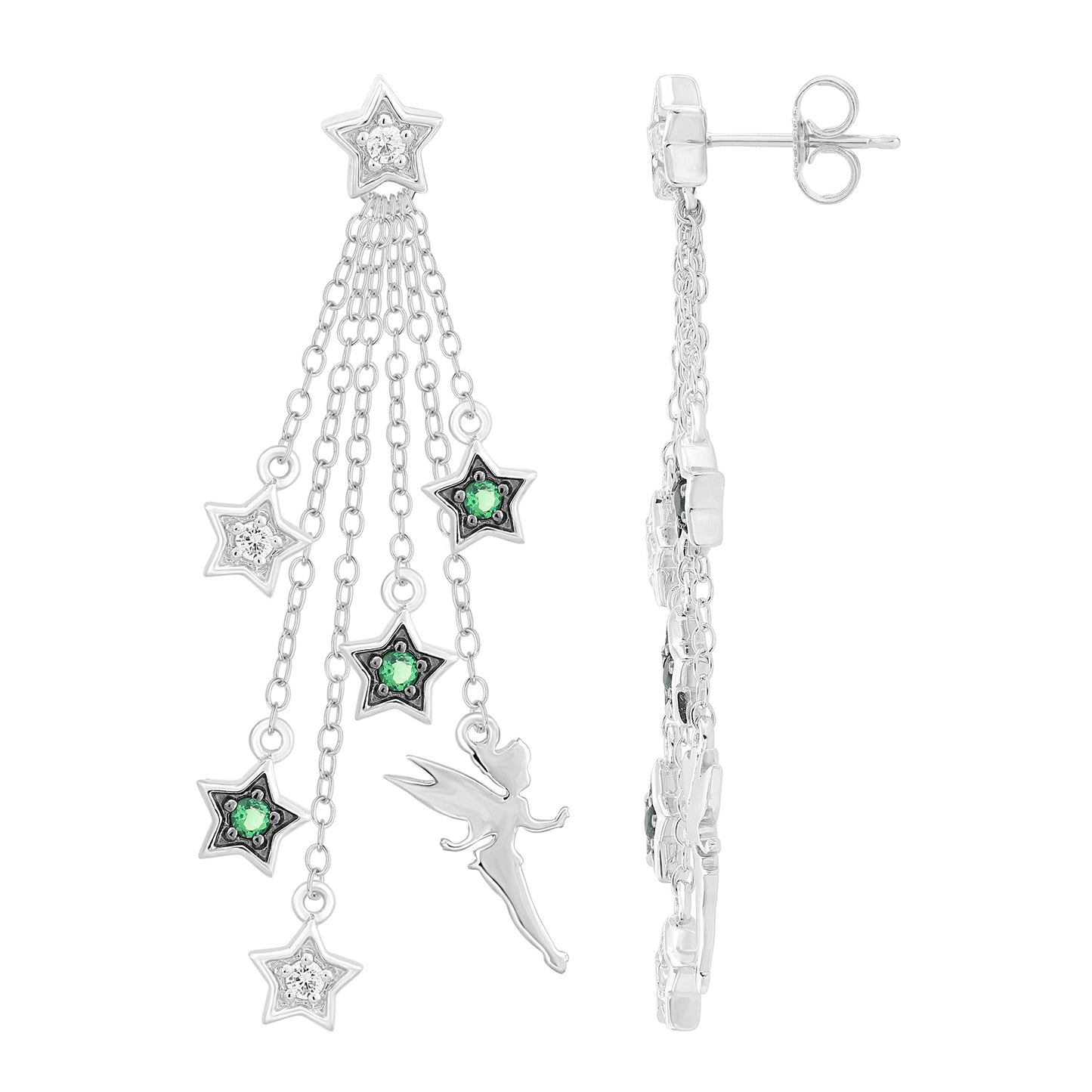 Enchanted Disney Fine Jewelry Sterling Silver with 1/6 CTTW Diamonds and Green Tourmaline Tinker Bell Earrings