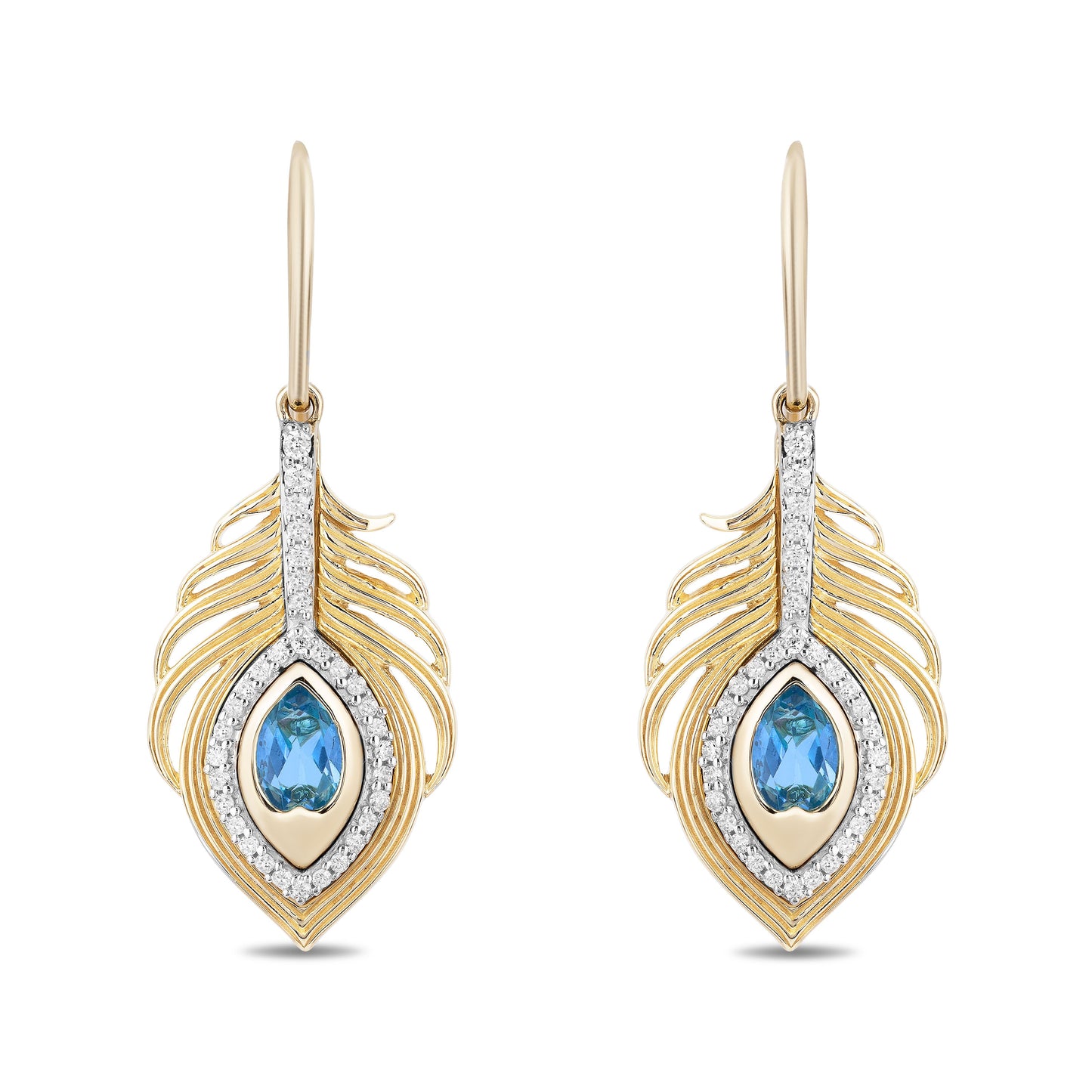 Enchanted Disney Fine Jewelry 10K Yellow Gold with 1/5 CTTW Diamonds and Swiss Blue Topaz Jasmine Peacock Feather Earrings