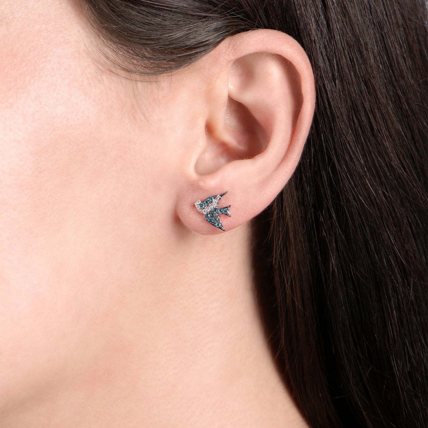 Enchanted Disney Fine Jewelry Sterling Silver with 1/15 CTTW Diamonds and London Blue Topaz, Disney's Cinderella Blue Bird Stud Earrings