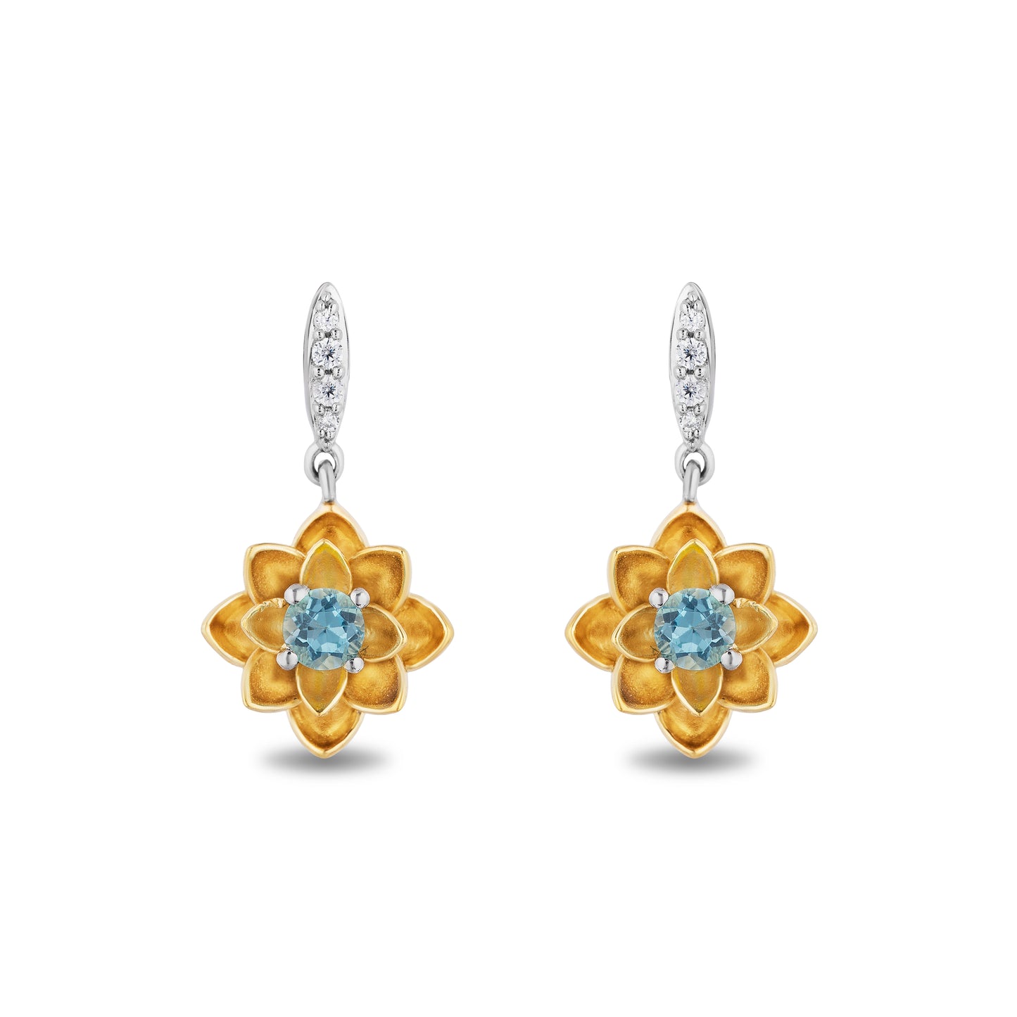 Enchanted Disney Fine Jewelry 14K Yellow Gold over Sterling Silver with 1/20 CTTW Diamonds and Swiss Blue Topaz Jasmine Earrings
