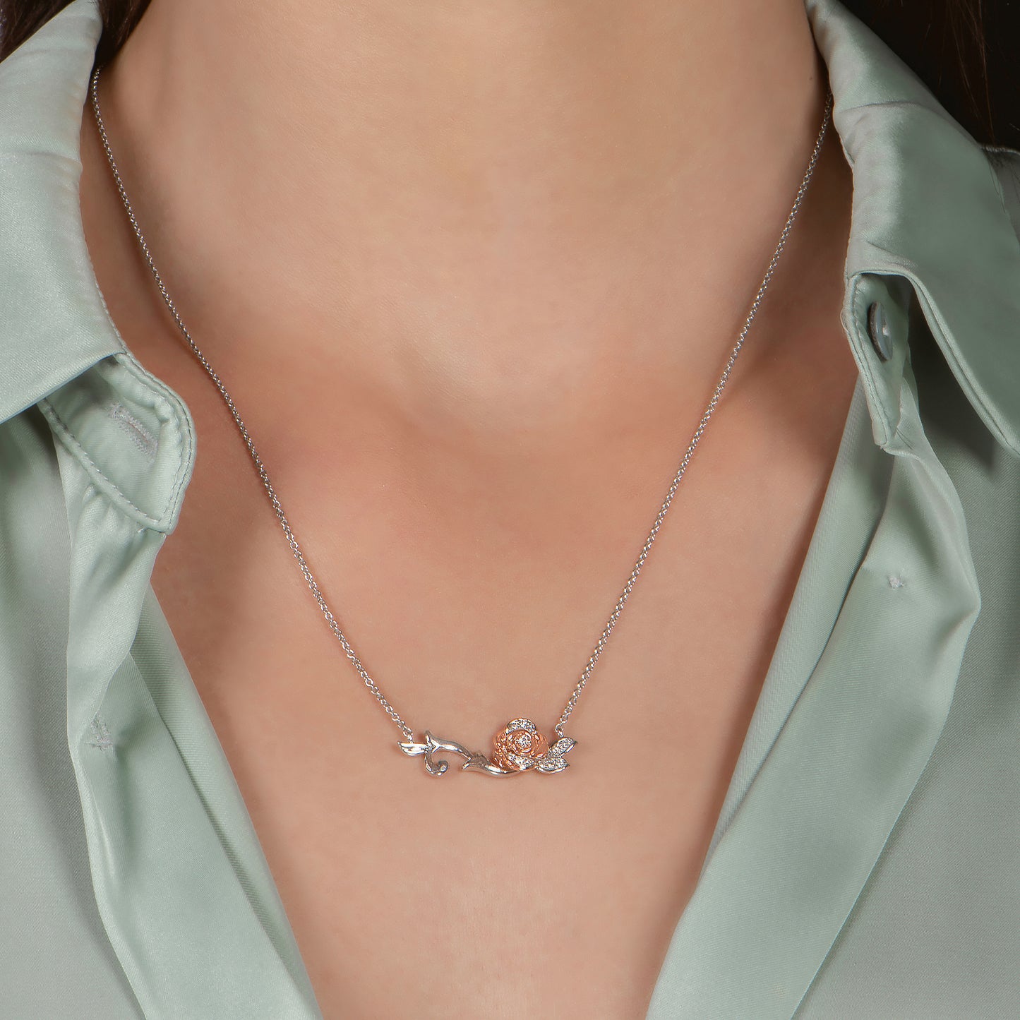 Enchanted Disney Fine Jewelry 14K Rose Gold over Sterling Silver with 1/10 CTTW Diamonds Belle Necklace