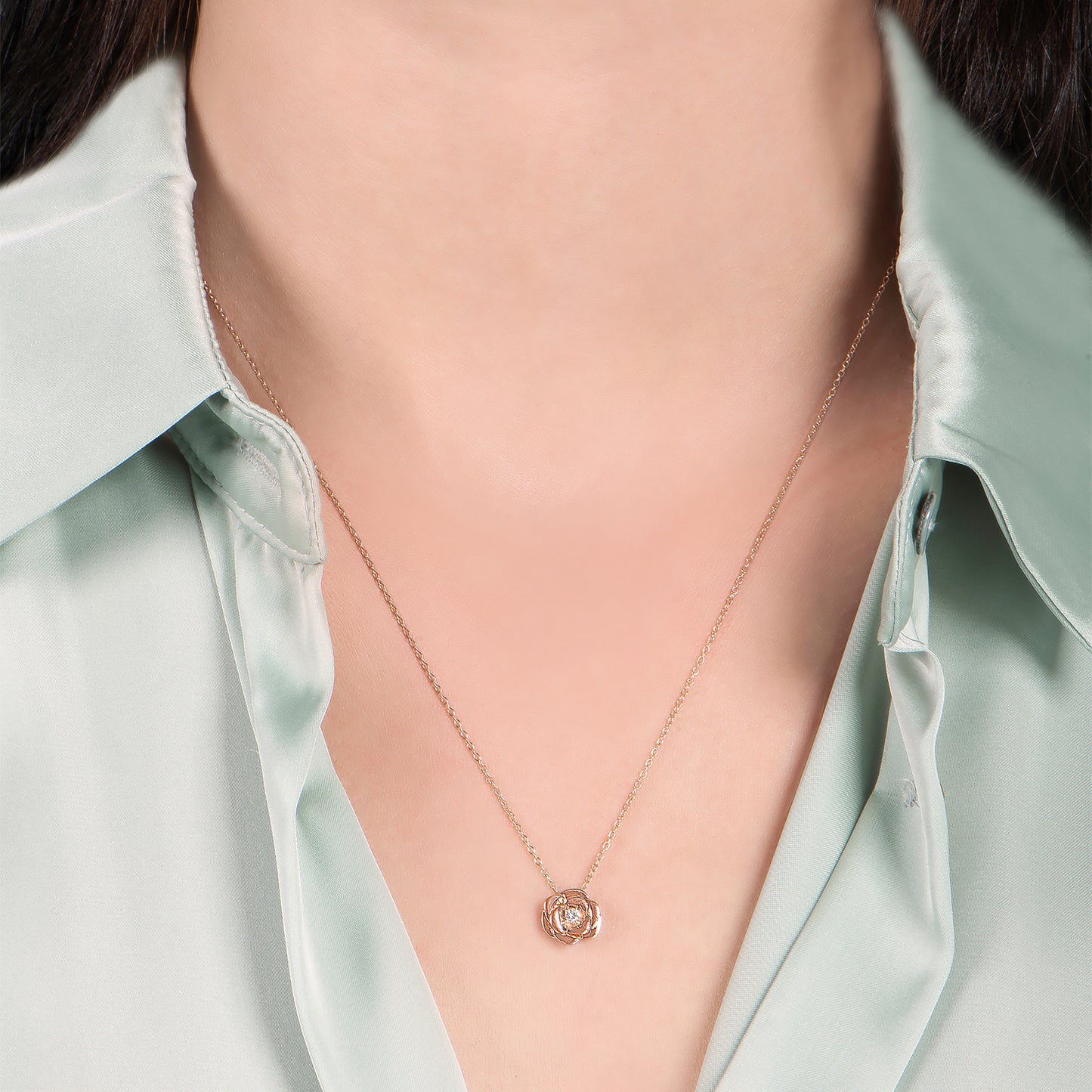 Enchanted Disney Fine Jewelry 10K Rose Gold with 1/20 CTTW Diamond Belle Rose Necklace