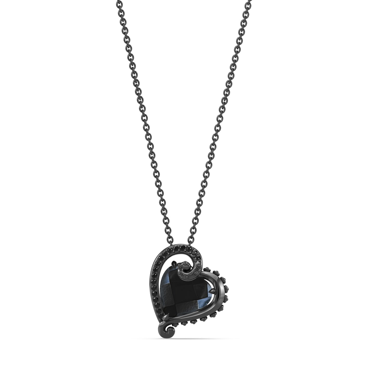 Enchanted Disney Fine Jewelry Black Rhodium over Sterling Silver with 1/10 CTTW Diamonds and Special Cut Heart Doublet Obsidian, Disney Villain Ursula Necklace