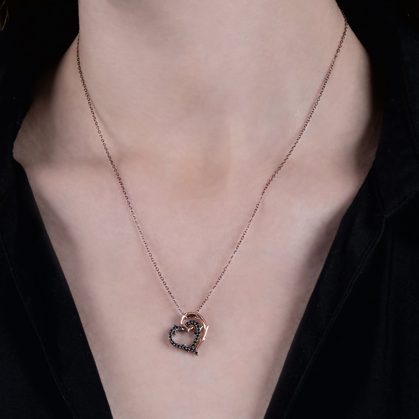 Enchanted Disney Fine Jewelry 10K Rose Gold and Black Rhodium over Sterling Silver with 1/5 CTTW Black Diamond Maleficent Heart Pendant Necklace