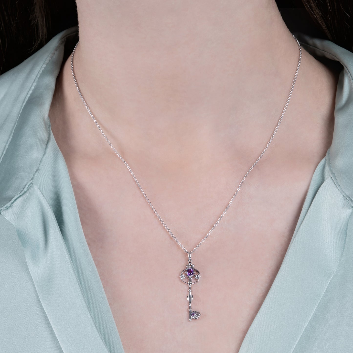 Enchanted Disney Fine Jewelry Sterling Silver Amethyst Ariel Shell Key Pendant Necklace