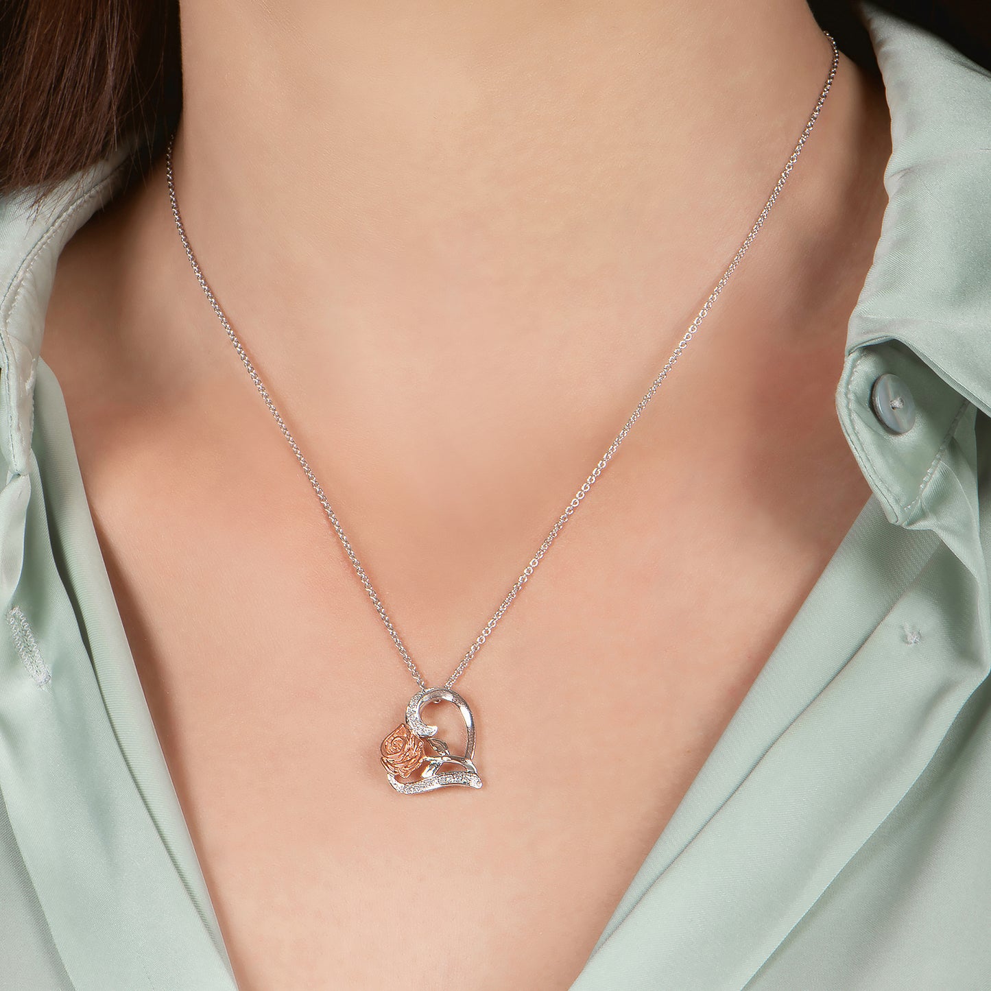 Enchanted Disney Fine Jewelry 14K Rose Gold Over Sterling Silver 1/10 CTTW Belle Rose Pendant Necklace