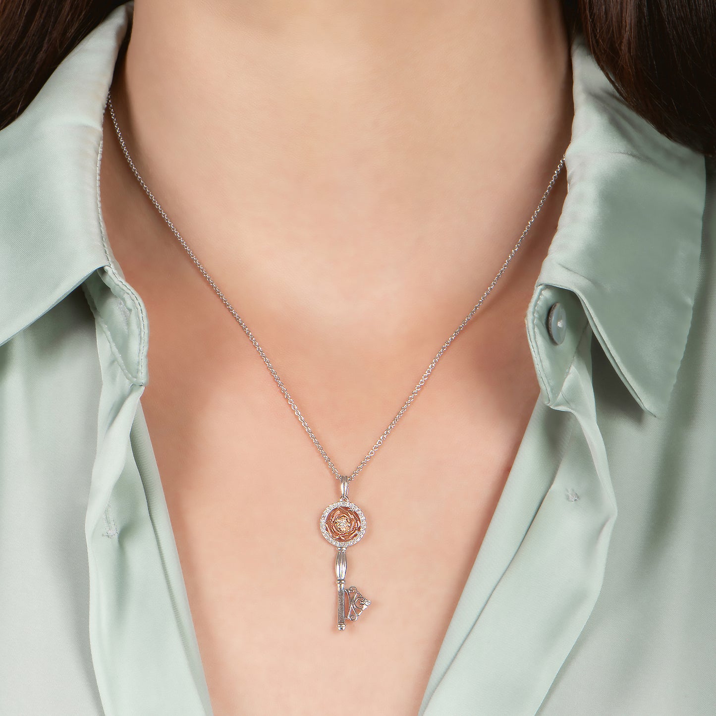 Enchanted Disney Fine Jewelry 14K Rose Gold Over Sterling Silver with 1/6 CTTW Belle Rose Key Pendant Necklace