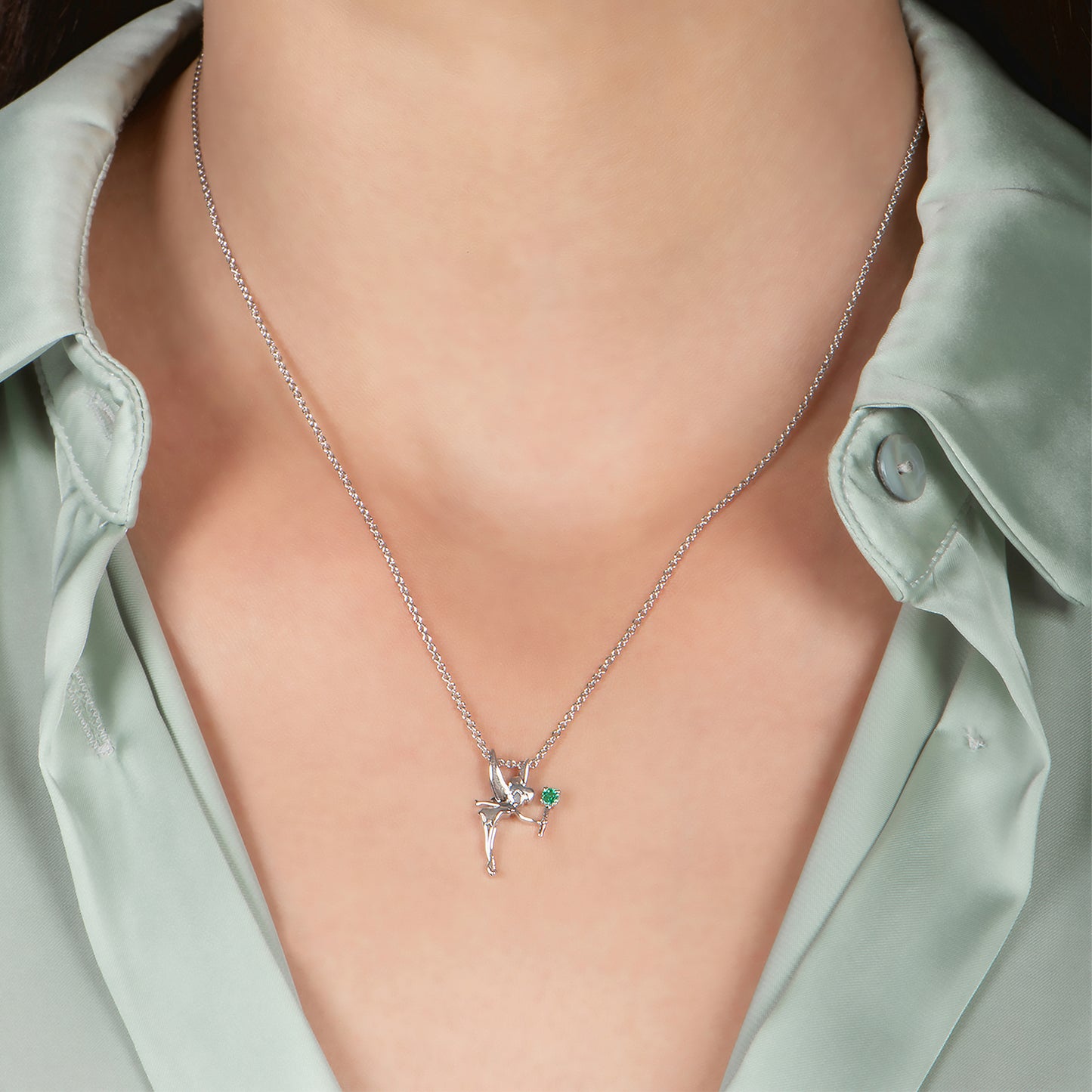 Enchanted Disney Fine Jewelry Sterling Silver with Created Emerald Tinker Bell Pendant Necklace
