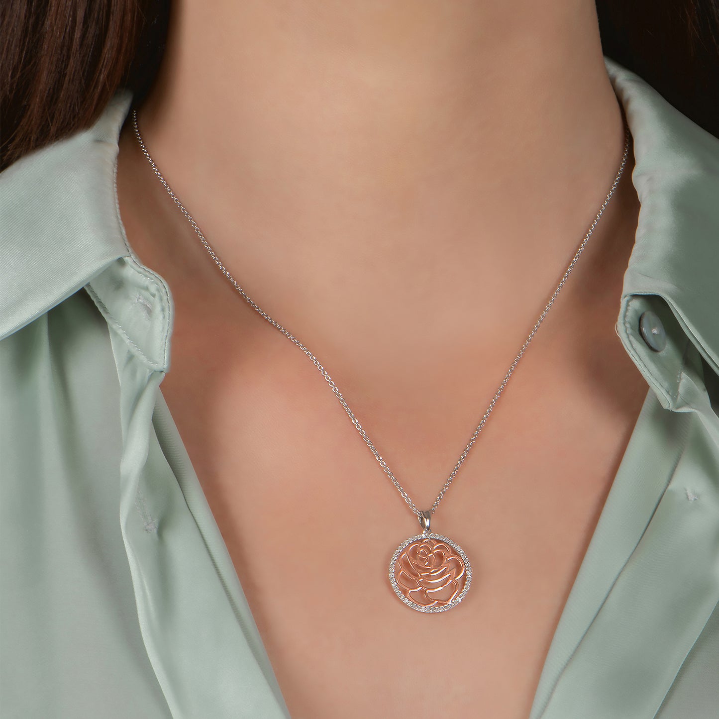 Enchanted Disney Fine Jewelry 14K Rose Gold Over Sterling Silver with 1/5 CTTW Diamonds Belle Rose Pendant Necklace