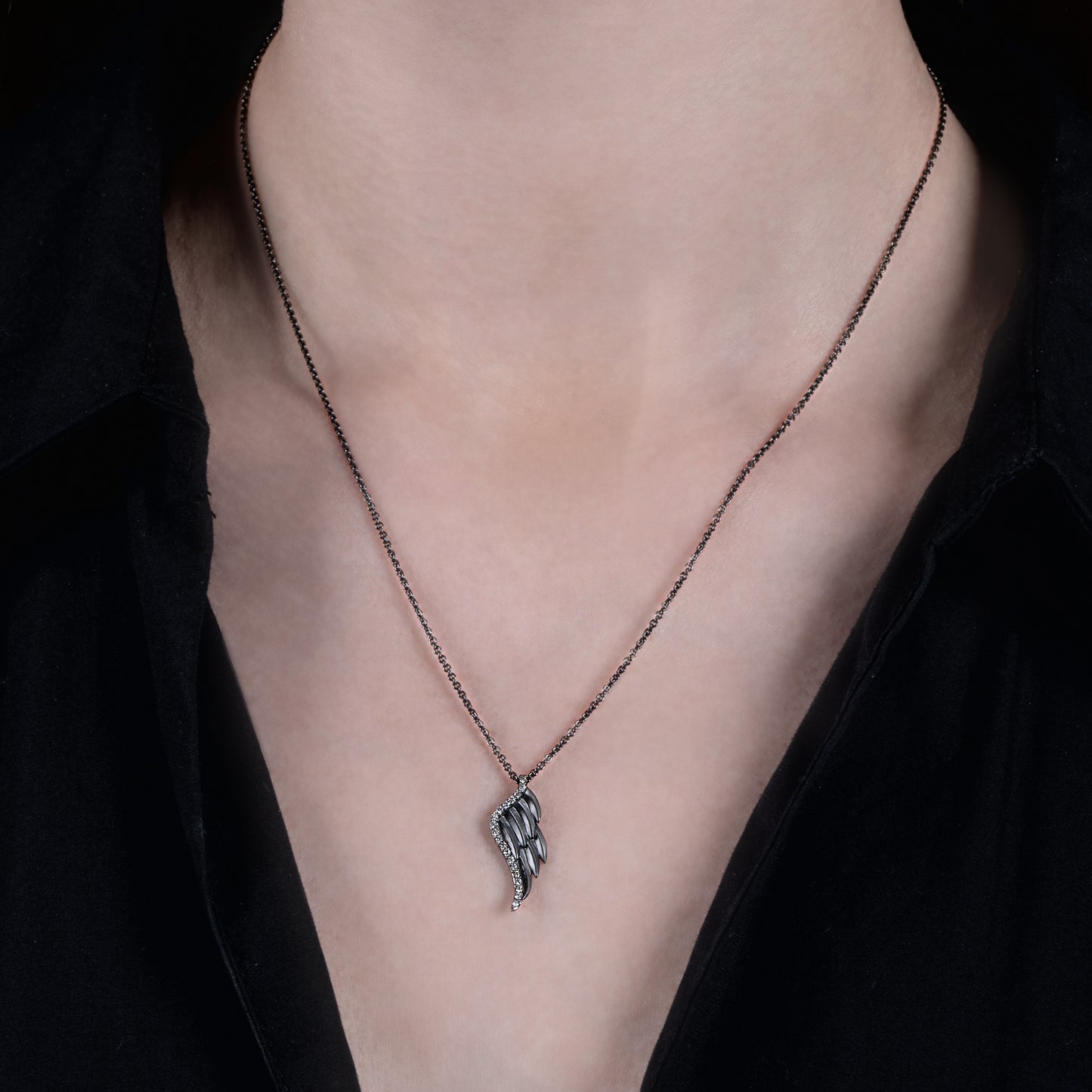Enchanted Disney Fine Jewelry Sterling Silver with Black Rhodium 1/10 CTTW Diamond Maleficent Wings Pendant Necklace
