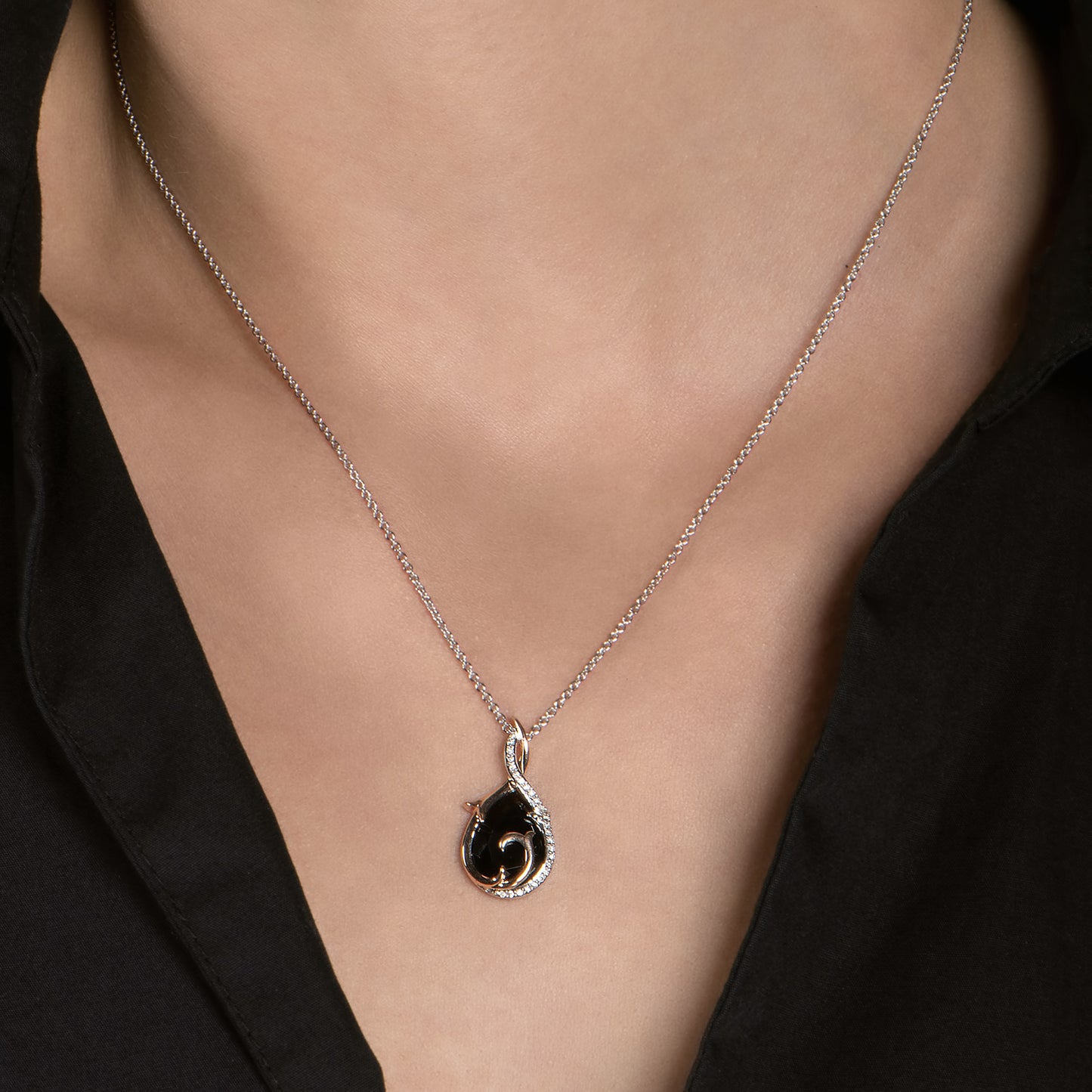 Enchanted Disney Fine Jewelry 10K Rose Gold and Sterling Silver with 1/10 CTTW Diamonds with Black Spinel Maleficent Pendant Necklace