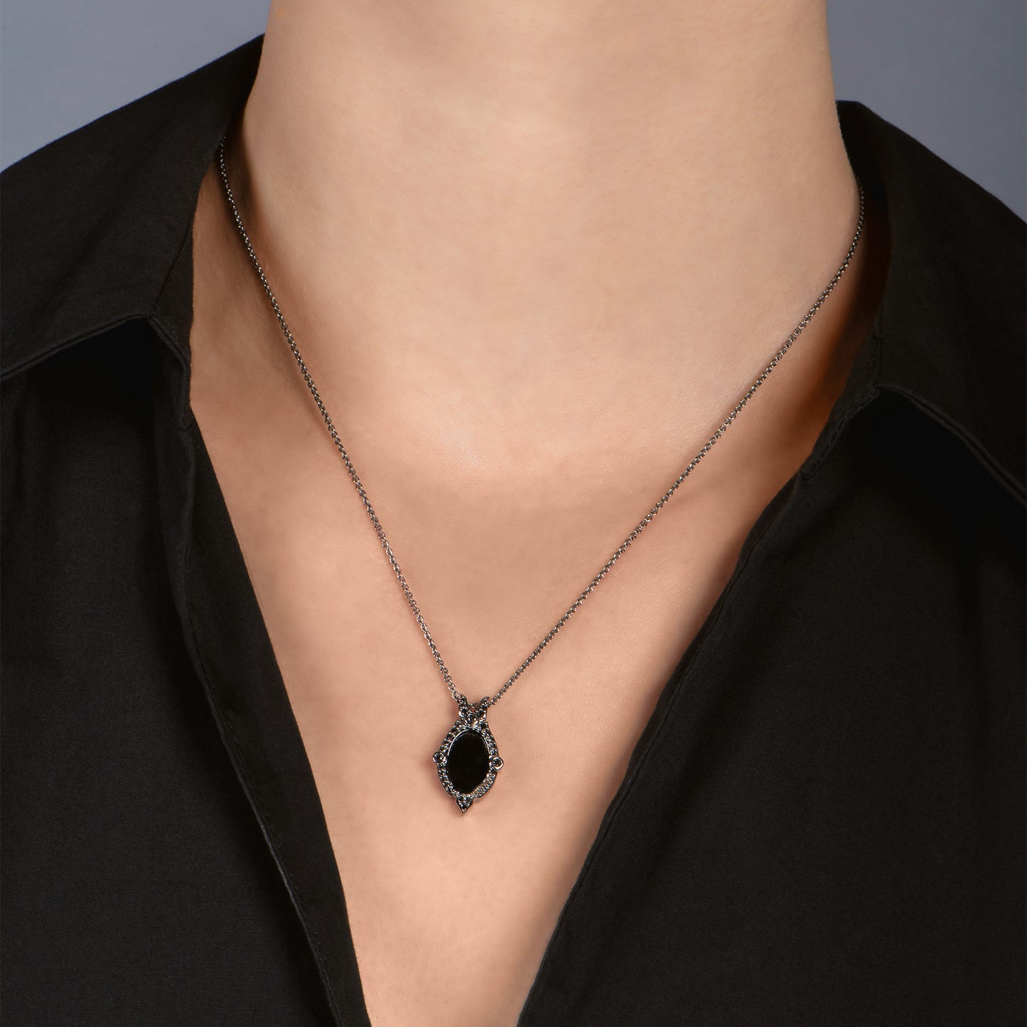 Enchanted Disney Fine Jewelry Black Rhodium Over Sterling Silver with 1/4 CTTW Diamond And Black Onyx Maleficent Villain Pendant Necklace
