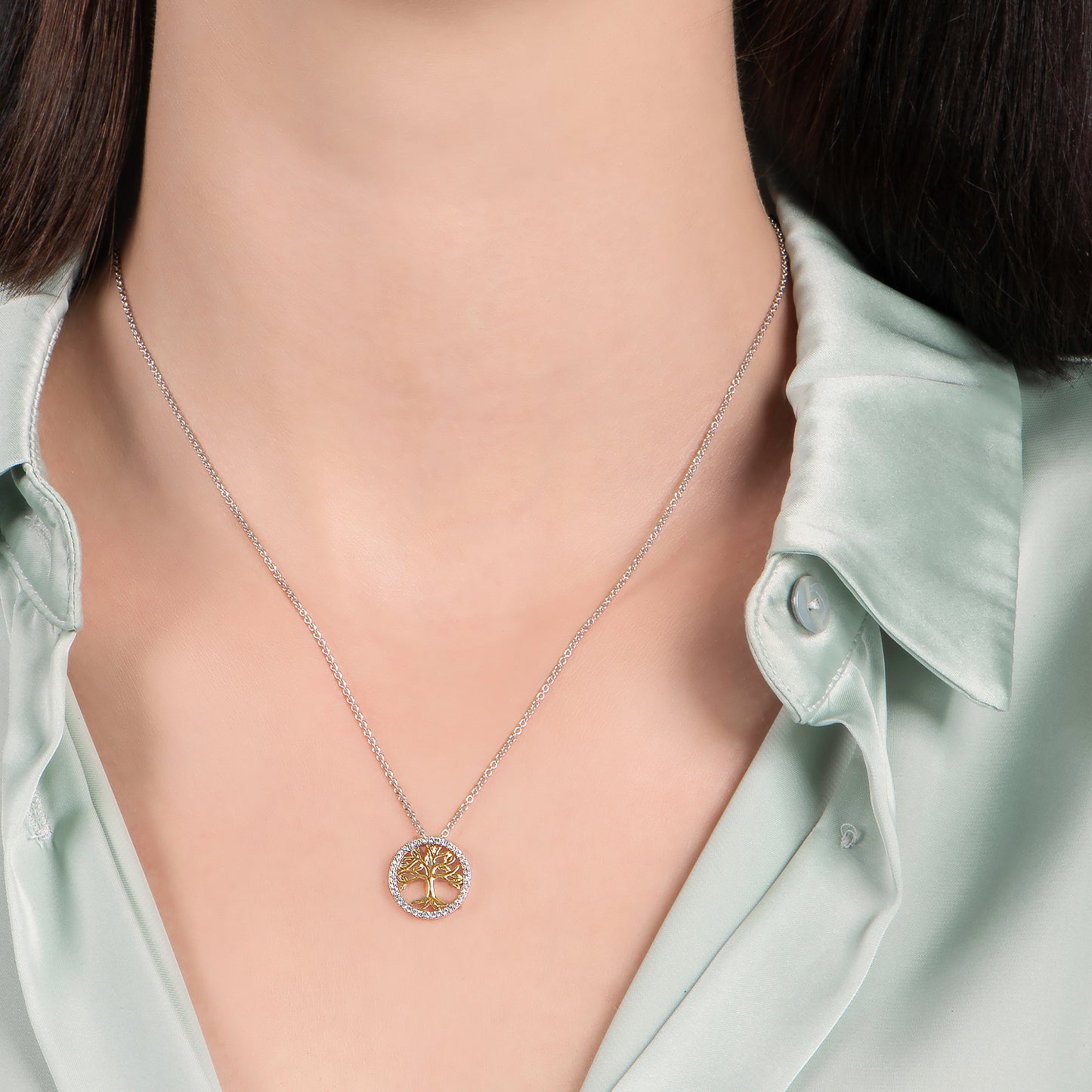 Enchanted Disney Fine Jewelry Sterling Silver and 10K Yellow Gold with 1/6 CTTW Diamond Pocahontas Tree Pendant Necklace