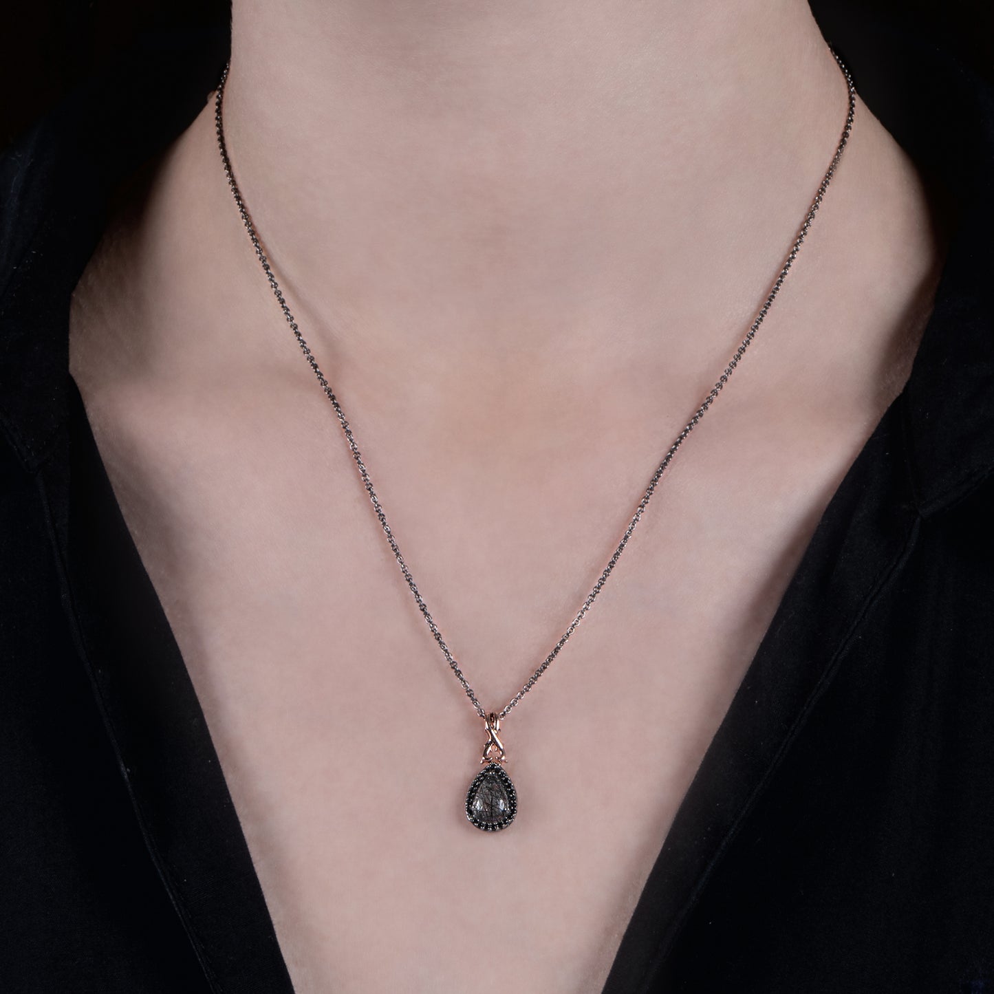 Enchanted Disney Fine Jewelry Black Rhodium over Sterling Silver and 10K Rose Gold with 1/10 CTTW Diamond and Rutile Quartz Maleficent Pendant Necklace