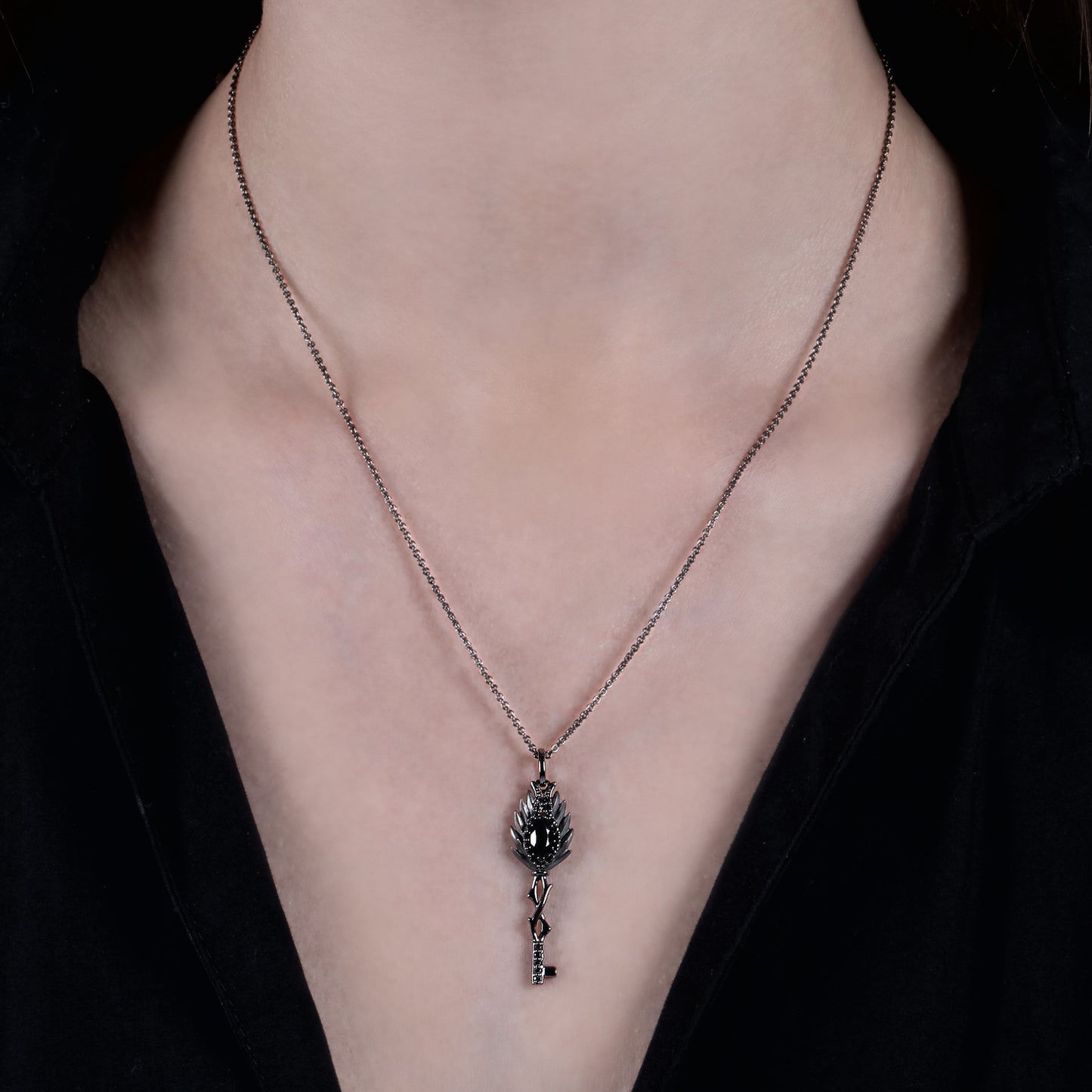 Enchanted Disney Fine Jewelry Black Rhodium over Sterling Silver with 1/6 CTTW Diamond and Onyx Maleficent Pendant Necklace
