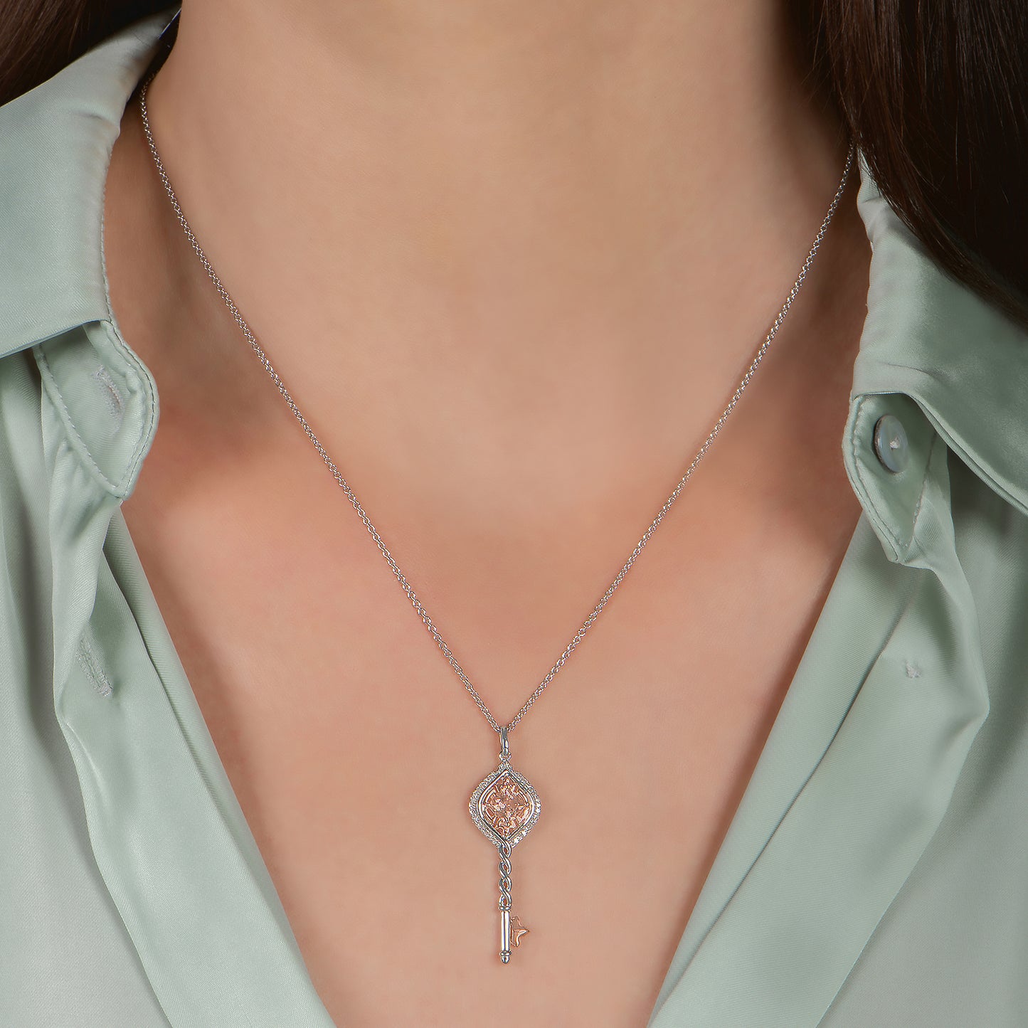 Enchanted Disney Fine Jewelry 14K Rose Gold over Sterling Silver with 1/10 CTTW Diamond and Morganite Aurora Key Pendant Necklace