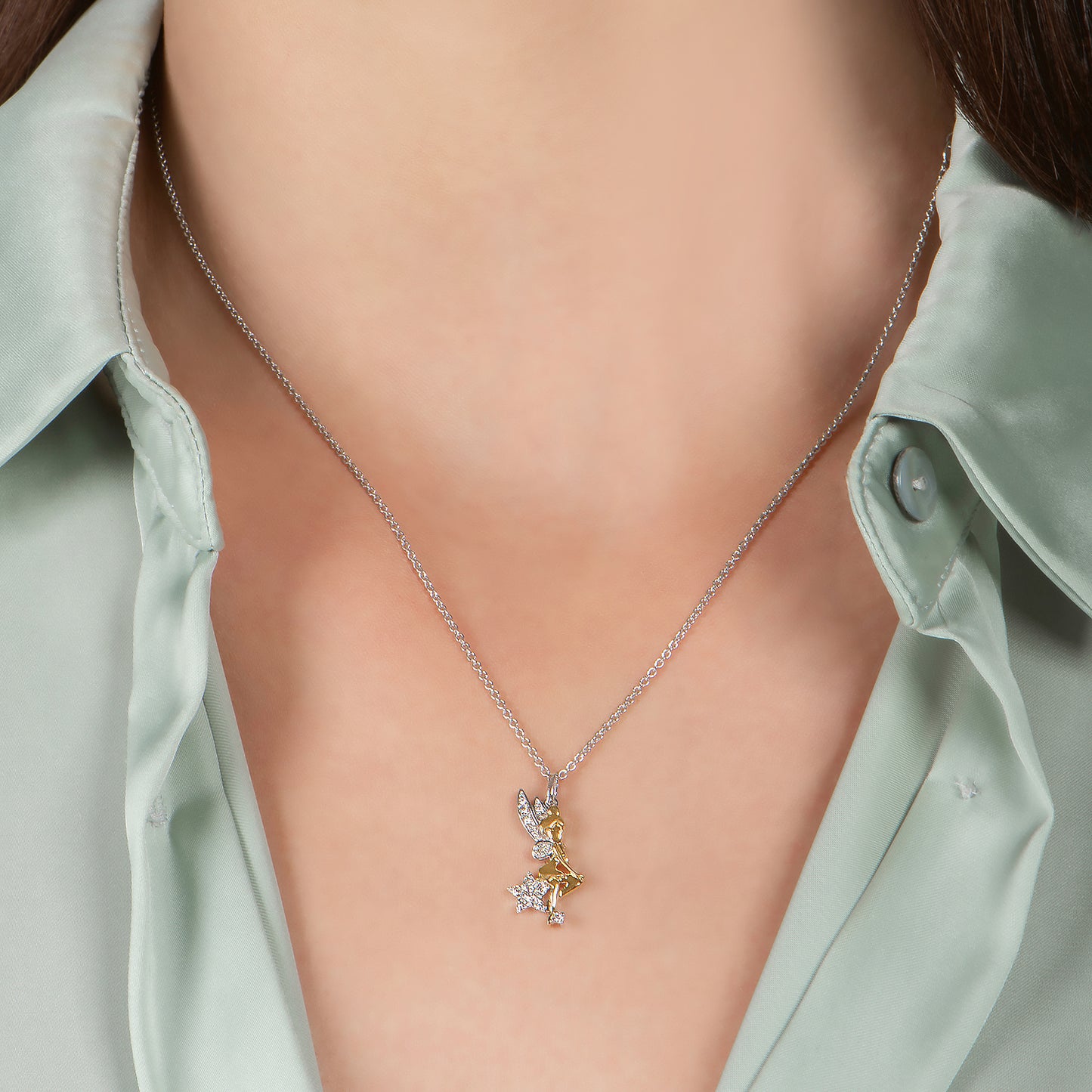 Enchanted Disney Fine Jewelry 14K Yellow Gold over Sterling Silver with 1/6 CTTW Tinker Bell Pendant Necklace