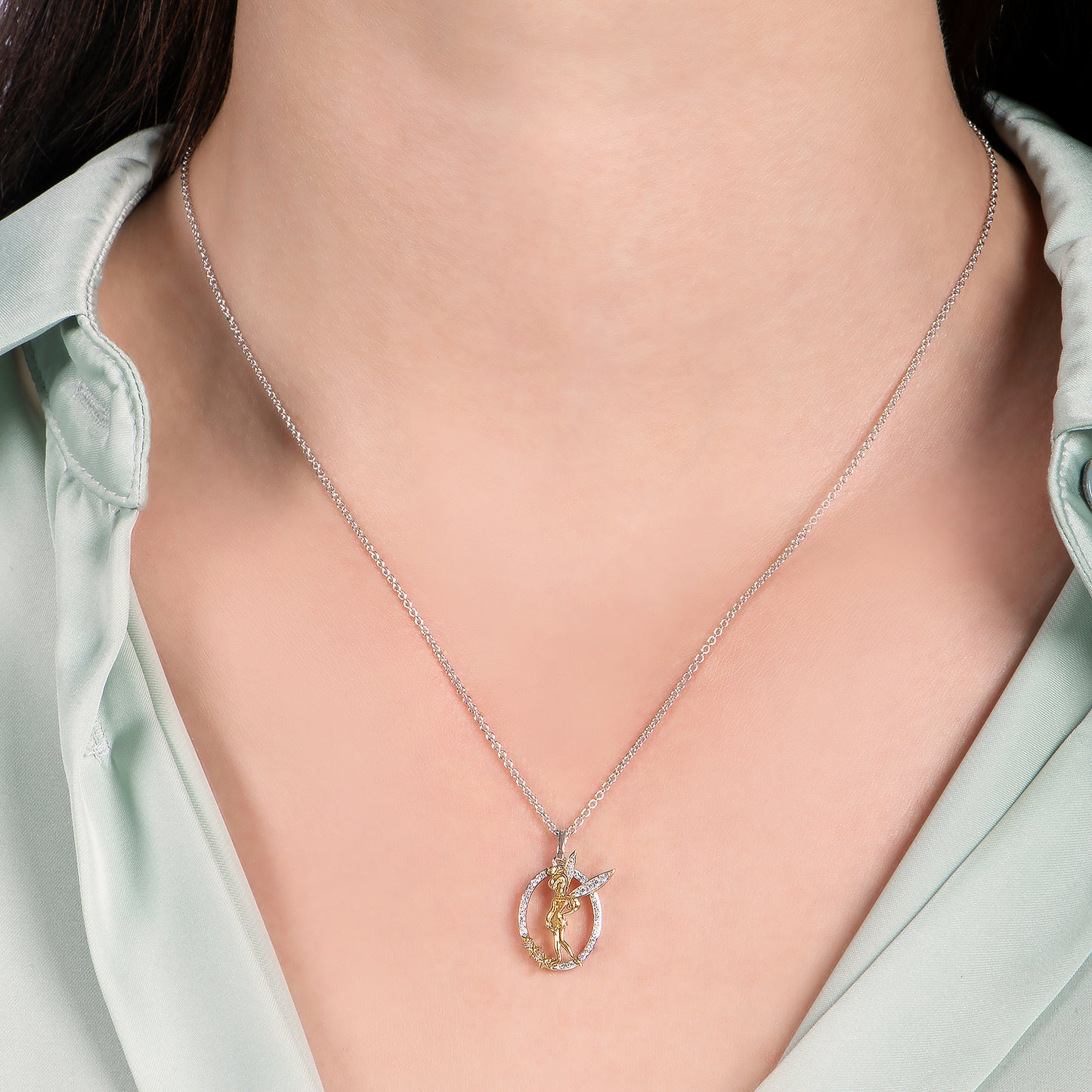 Enchanted Disney Fine Jewelry 14K Yellow Gold Over Sterling Silver with 1/10 CTTW Diamond Tinker Bell Pendant Necklace