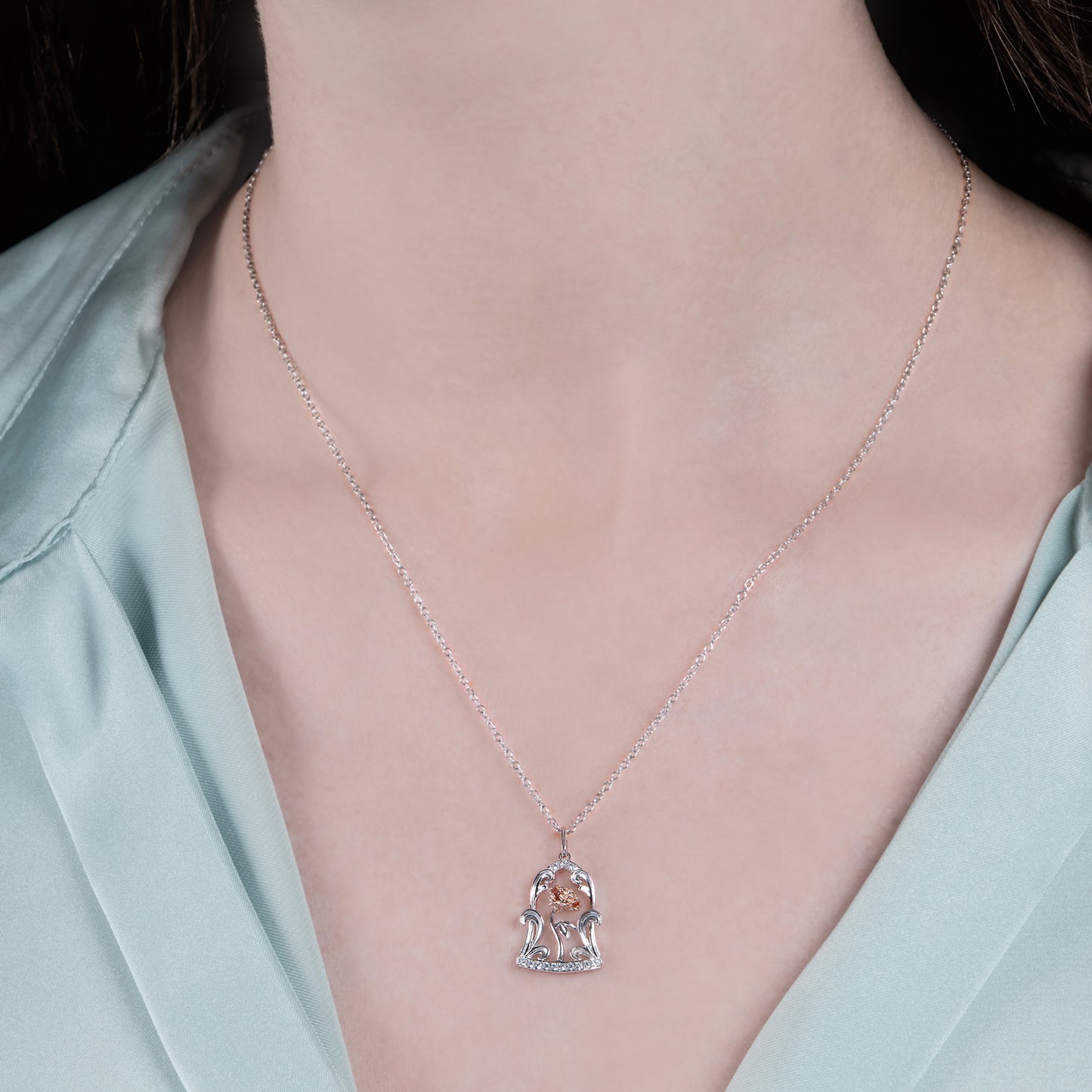 Enchanted Disney Fine Jewelry Sterling Silver and 10K Rose Gold with 1/10 CTTW Diamond Belle Jar Pendant Necklace