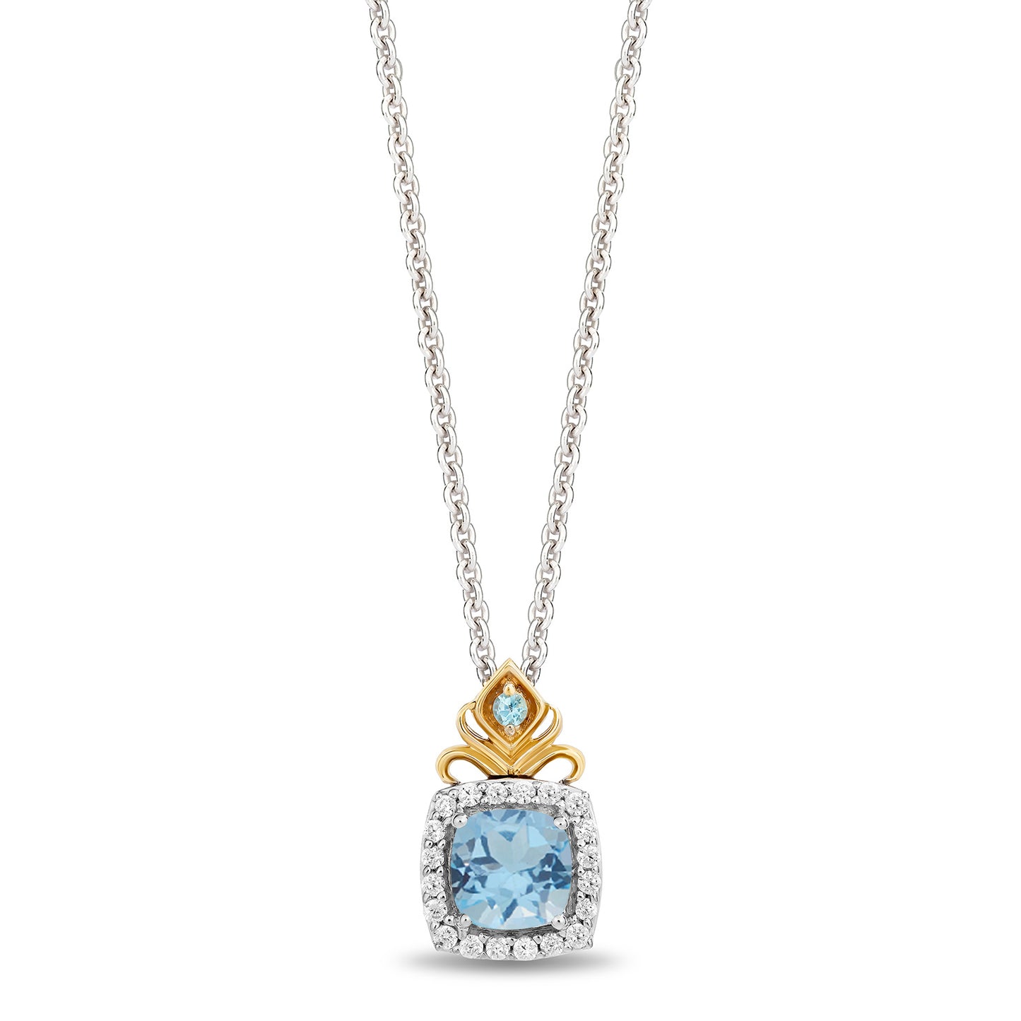 Enchanted Disney Fine Jewelry 14K Yellow Gold Over Sterling Silver with 1/8 CTTW Diamonds and Swiss Blue Topaz Jasmine Pendant Necklace