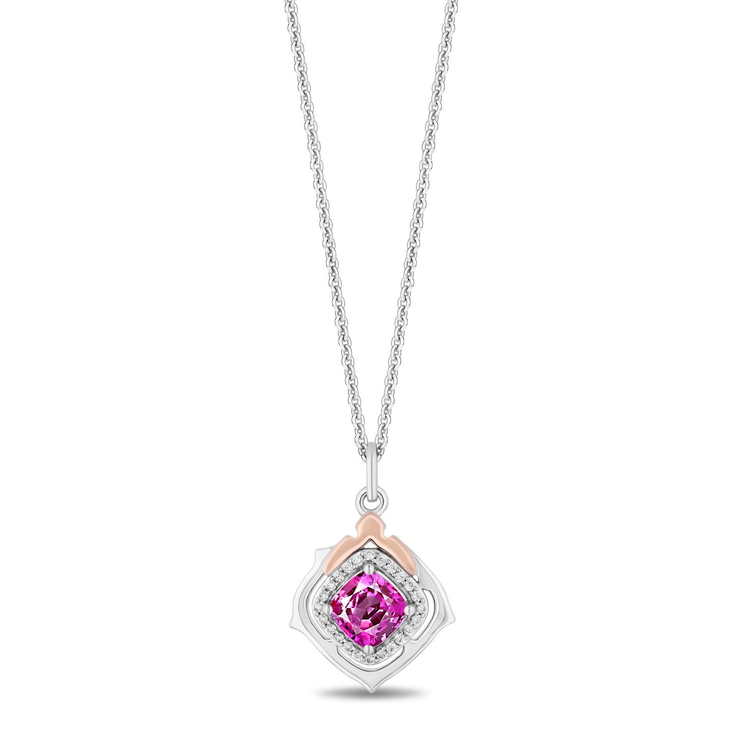 Enchanted Disney Fine Jewelry 14K Rose Gold Over Sterling Silver with 1/10 CTTW Diamonds and Created Pink Sapphire Aurora Pendant Necklace