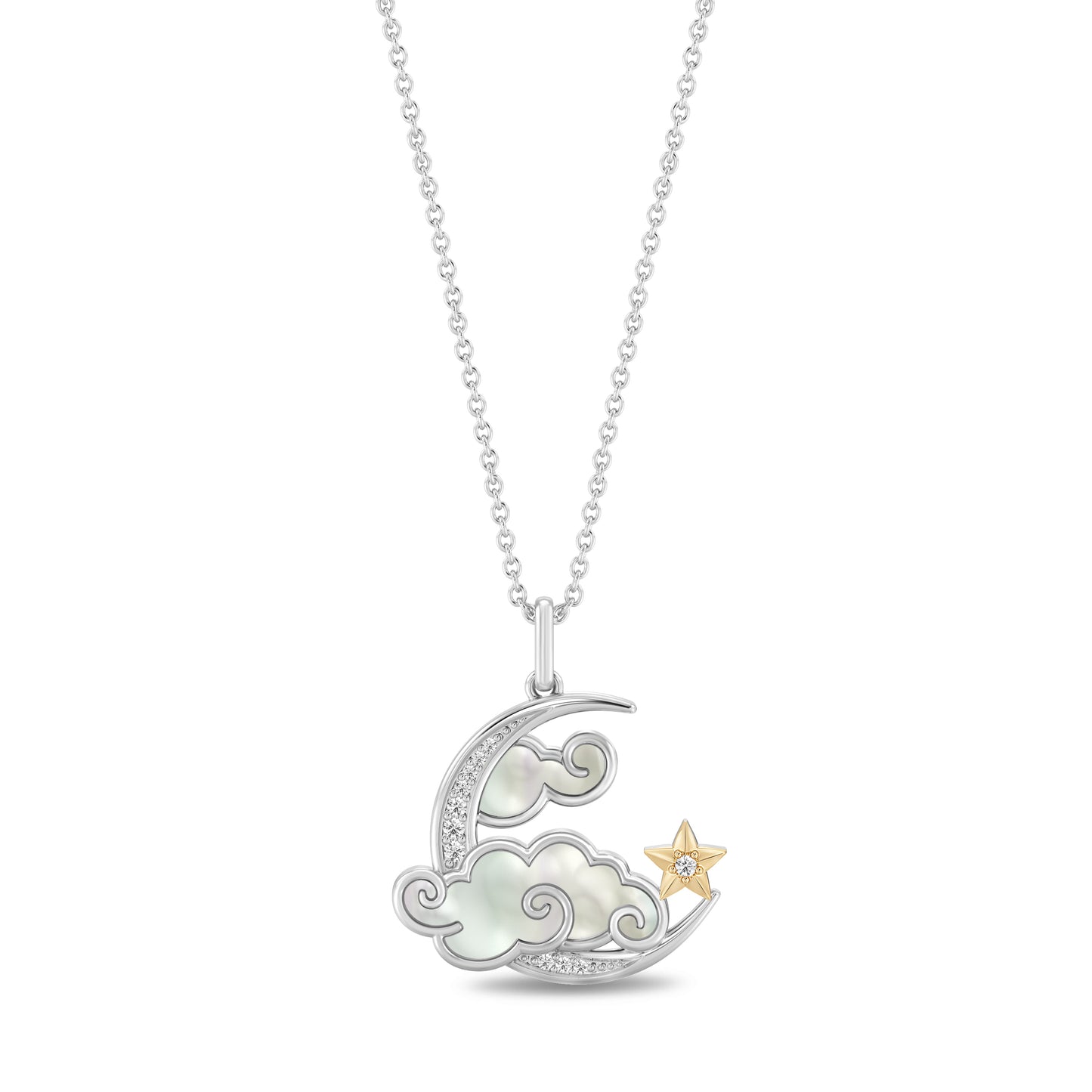 Enchanted Disney Fine Jewelry 10K Yellow Gold and Sterling Silver with 1/20 CTTW Diamonds and Special Cut Mother of Pearl Jasmine Necklace