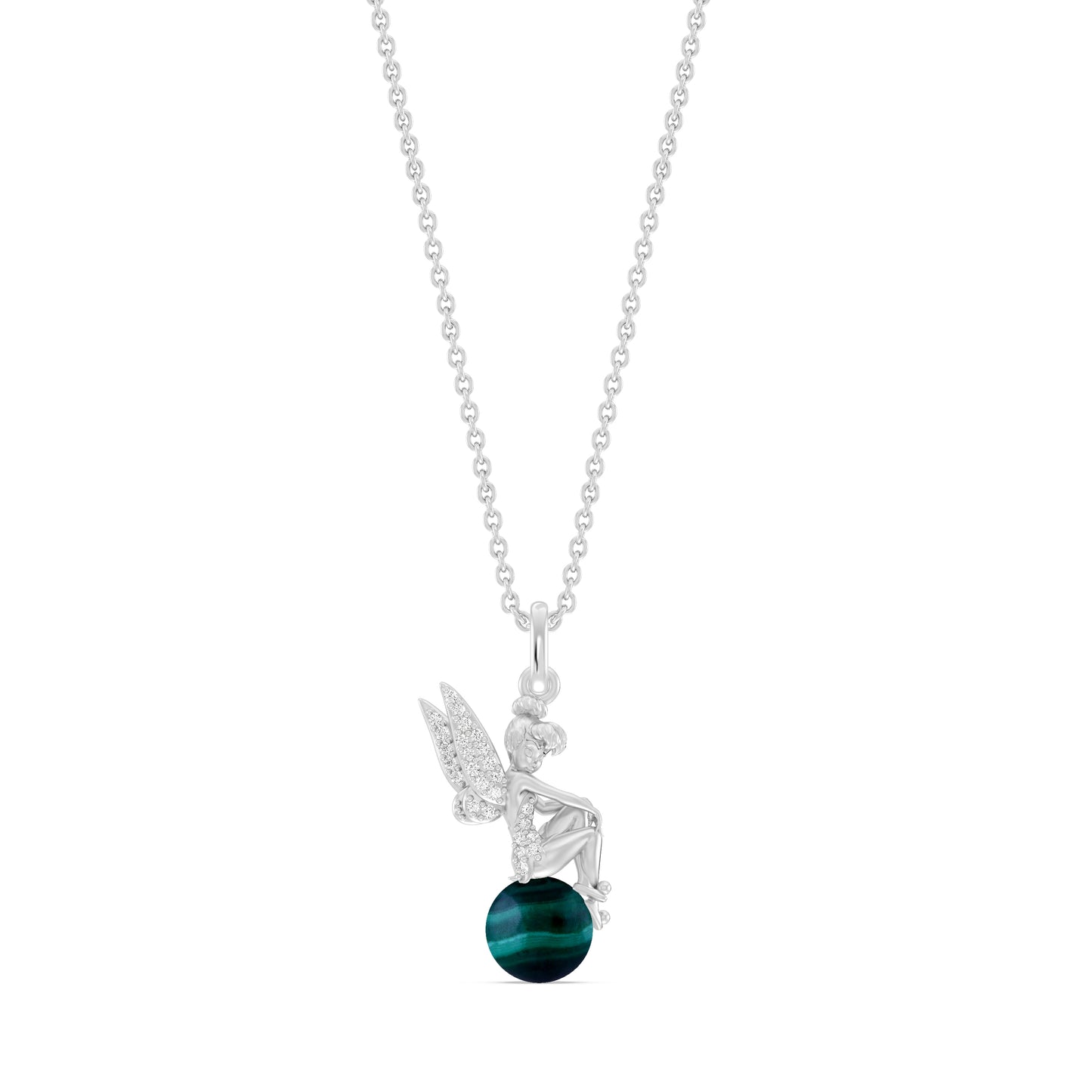 Enchanted Disney Fine Jewelry Sterling Silver With 1/10 CTTW Diamonds and Malachite Tinker Bell Necklace