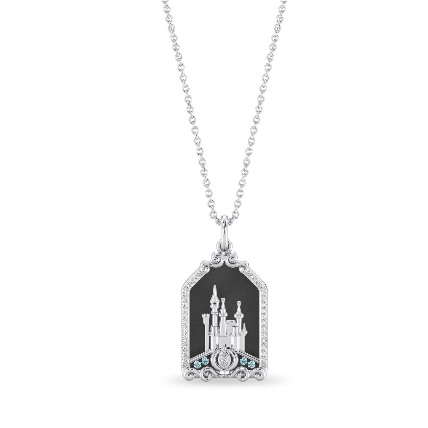 Enchanted Disney Fine Jewelry Black Rhodium over Sterling Silver with 1/10 CTTW Diamonds and London Blue Topaz Cinderella Necklace