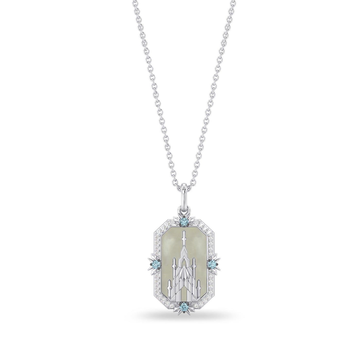 Enchanted Disney Fine Jewelry Sterling Silver with 1/8 CTTW Diamonds, Mother of Pearl and Baby Swiss Blue Topaz Elsa Necklace