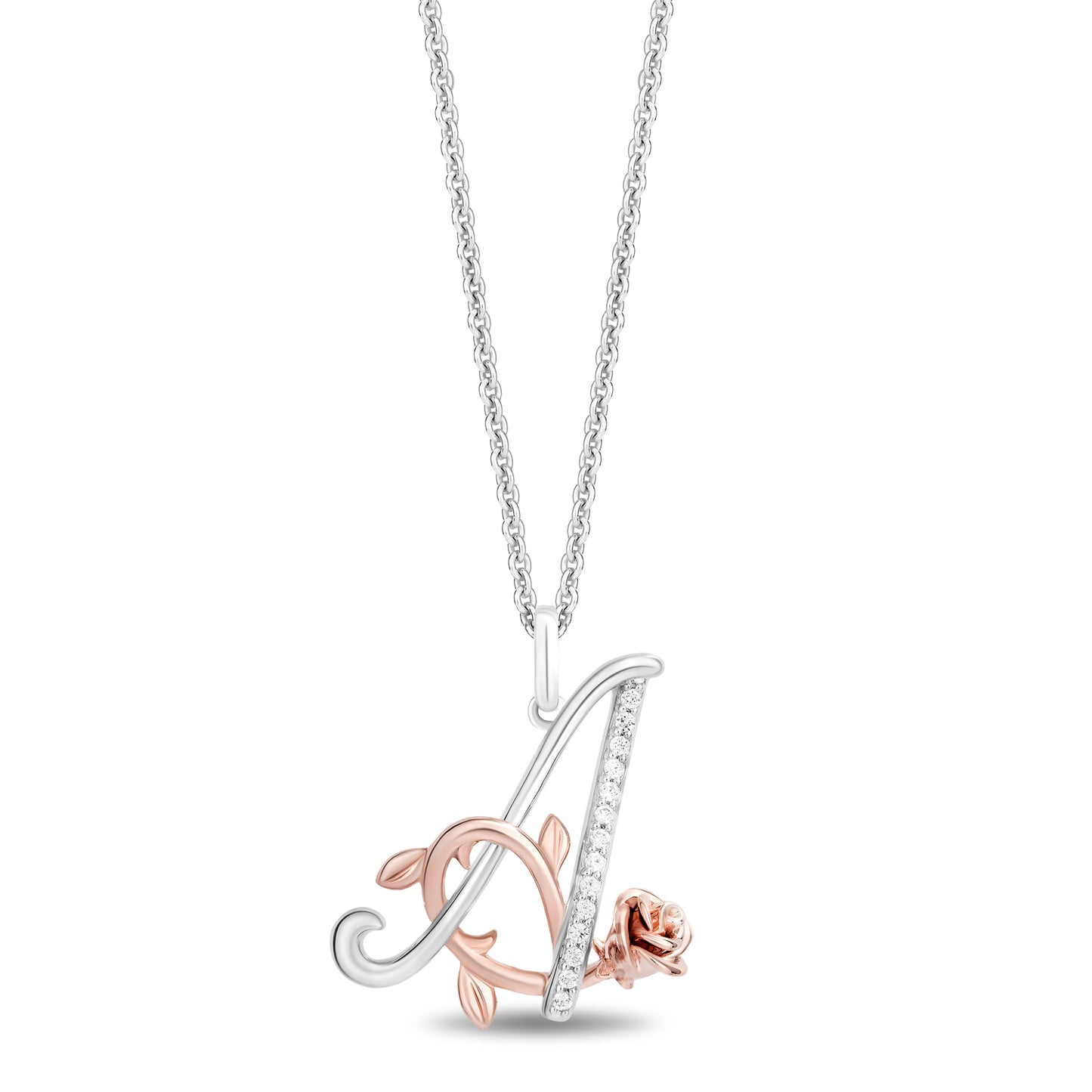 Enchanted Disney Fine Jewelry Sterling Silver and 10K Rose Gold with 1/20 CTTW Diamonds Alphabet 'A' Belle Pendant Necklace
