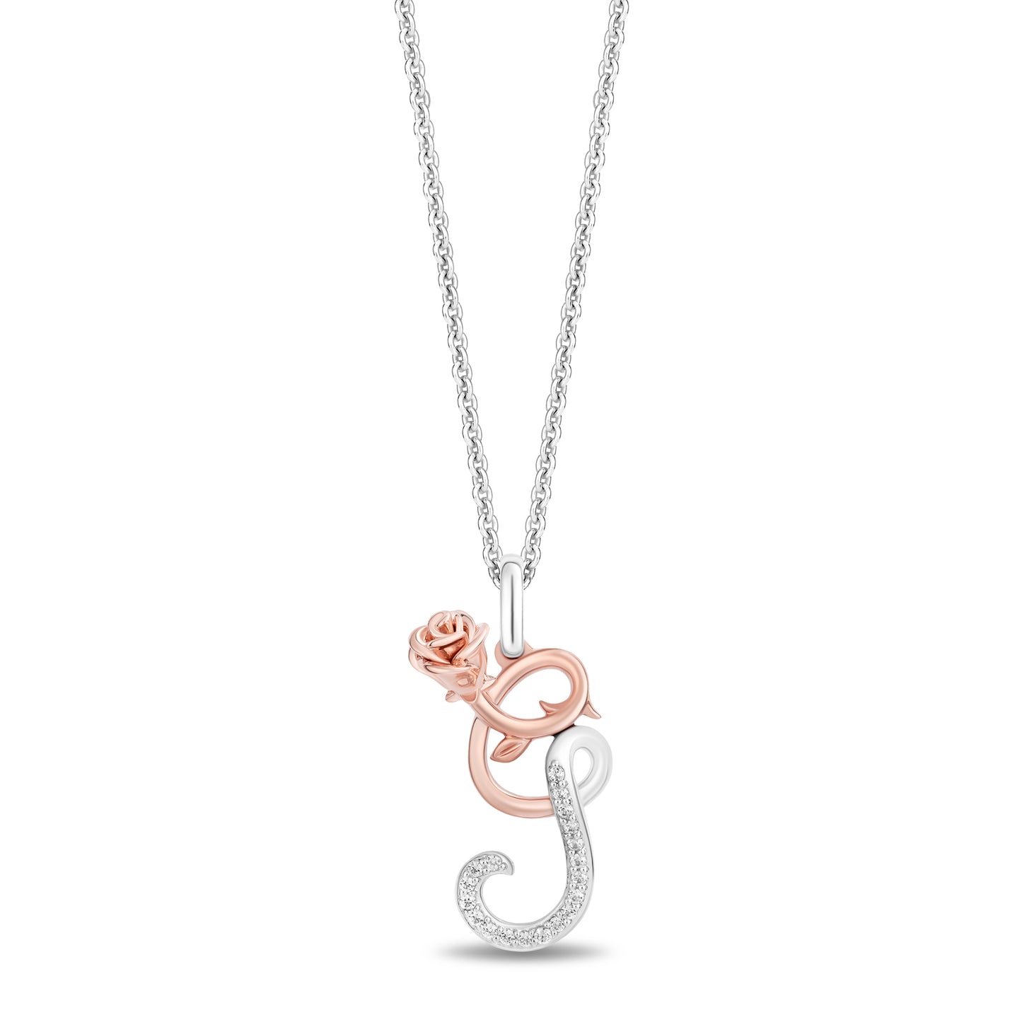 Enchanted Disney Fine Jewelry Sterling Silver and 10K Rose Gold with 1/20 CTTW Diamonds Alphabet 'G' Belle Pendant Necklace