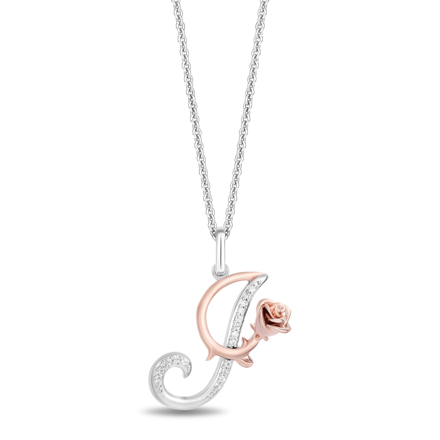 Enchanted Disney Fine Jewelry Sterling Silver and 10K Rose Gold with 1/20 CTTW Diamonds Alphabet 'I' Belle Pendant Necklace