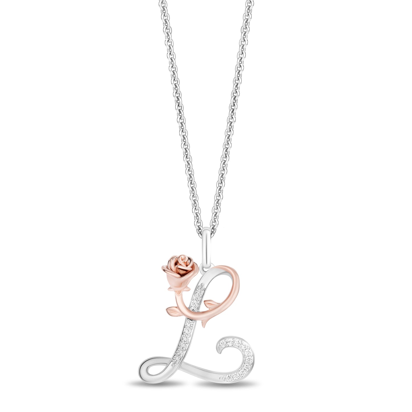 Enchanted Disney Fine Jewelry Sterling Silver and 10K Rose Gold with 1/20 CTTW Diamonds Alphabet 'L' Belle Pendant Necklace