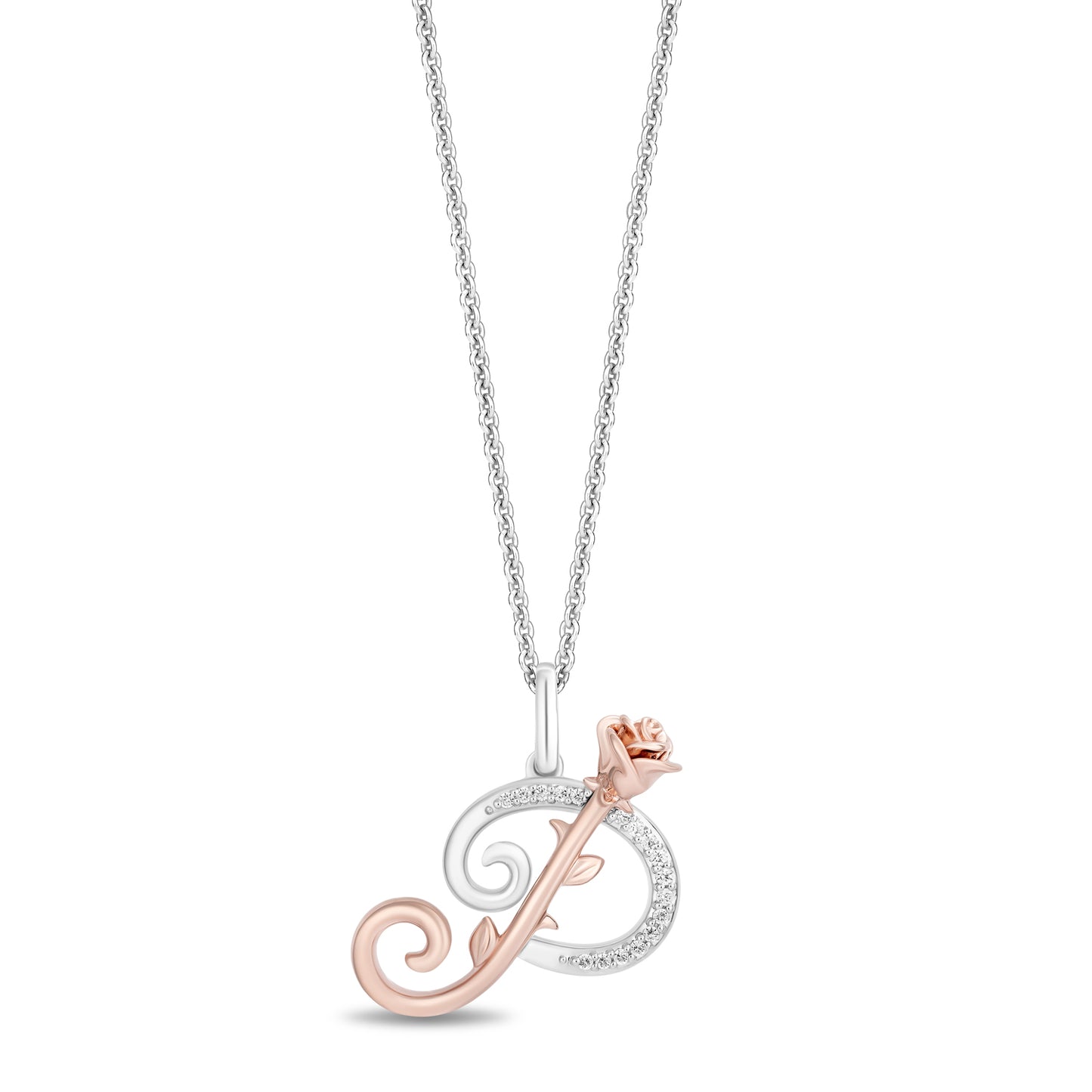 Enchanted Disney Fine Jewelry Sterling Silver and 10K Rose Gold with 1/20 CTTW Diamonds Alphabet 'P' Belle Pendant Necklace