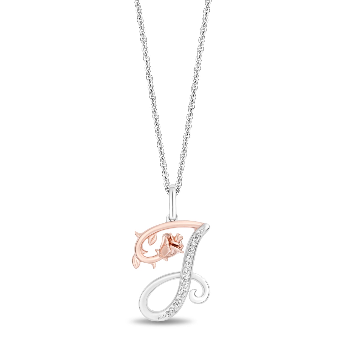 Enchanted Disney Fine Jewelry Sterling Silver and 10K Rose Gold with 1/20 CTTW Diamonds Alphabet 'J' Belle Pendant Necklace