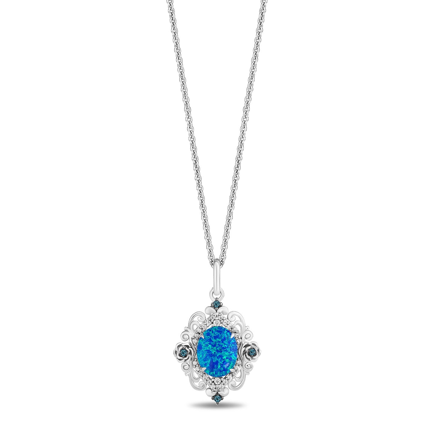 Enchanted Disney Fine Jewelry Sterling Silver with 1/10 CTTW Diamonds with Blue Created Opal and London Blue Sapphire Cinderella Necklace