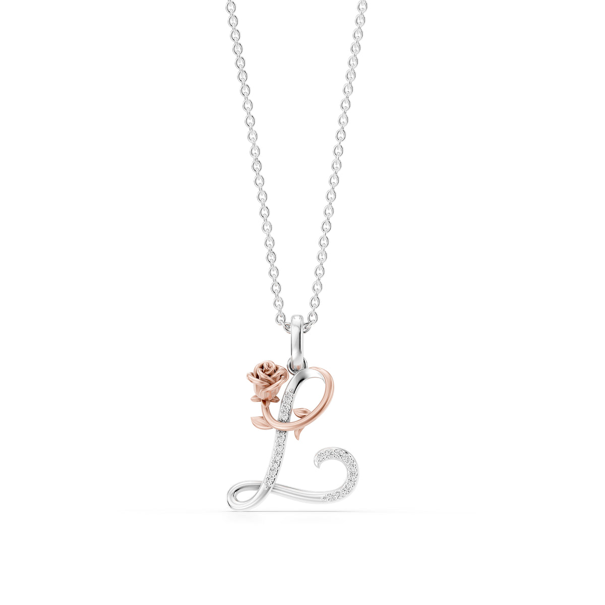 Enchanted Disney Fine Jewelry Sterling Silver and 10K Rose Gold with 1/20 CTTW Diamonds Alphabet 'L' Belle Pendant Necklace