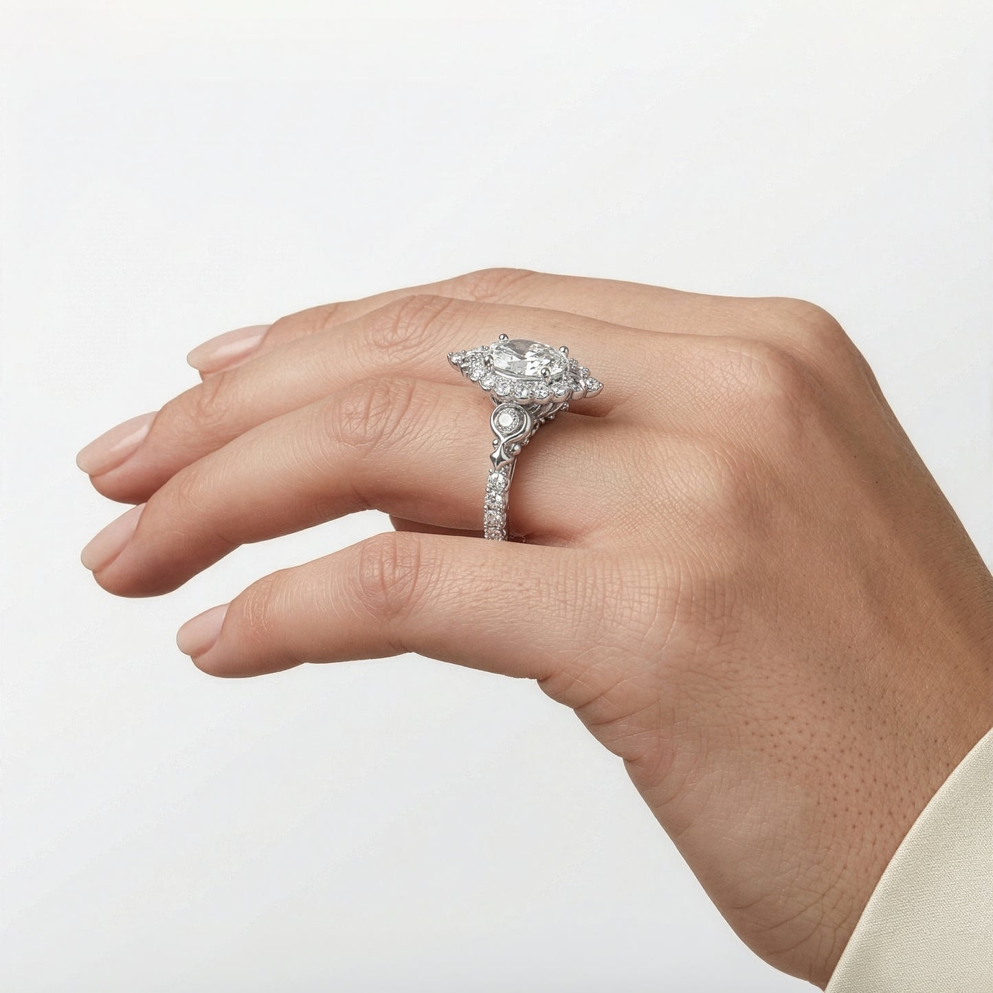 Enchanted Star Oval Lab Grown Diamond Disney princess Cinderella Halo Engagement Ring in 14K White Gold